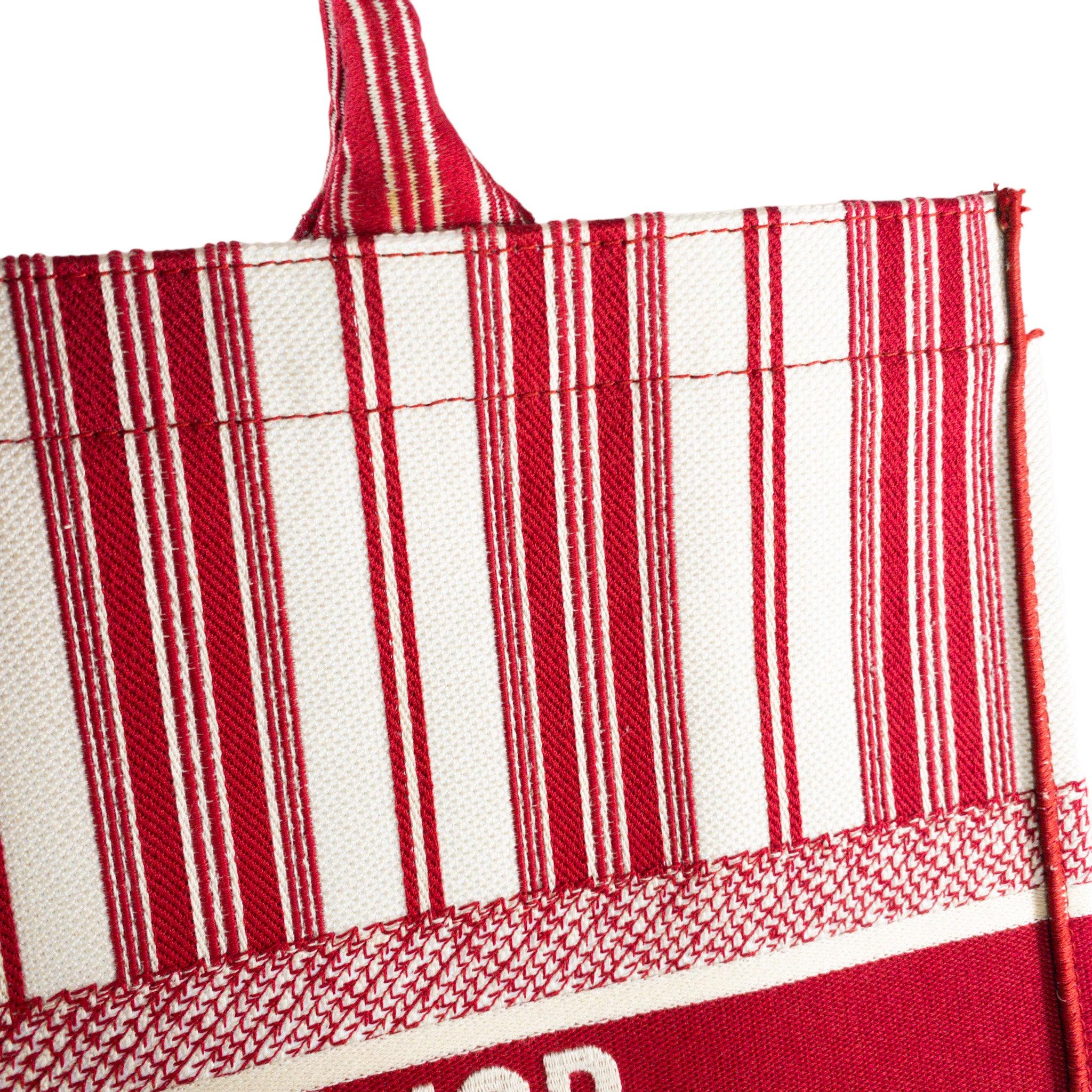 Dior Red Striped Embroidered Large Book Tote  For Sale 1