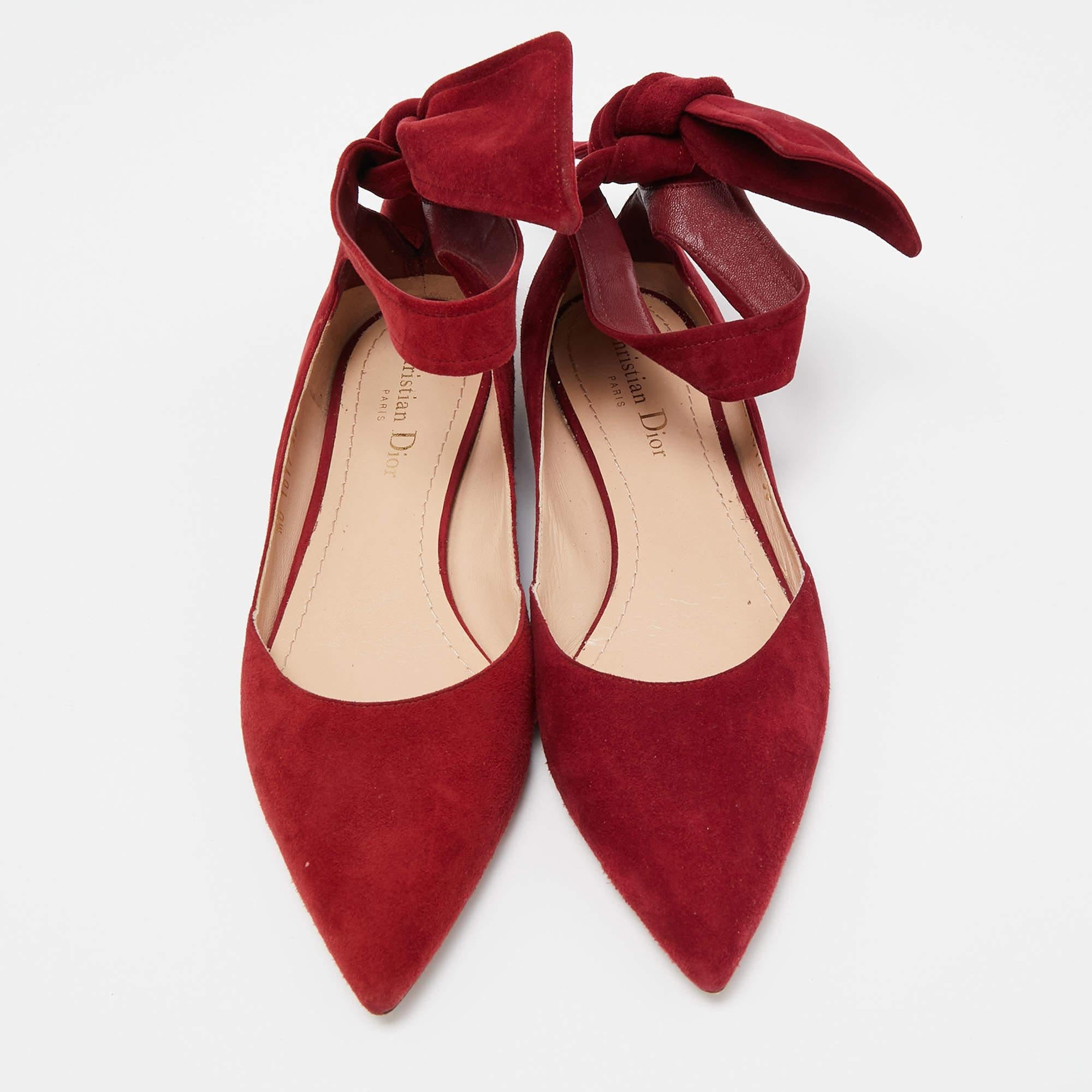 Dior Red Suede Ankle Wrap Ballet Flats Size 38 In Good Condition In Dubai, Al Qouz 2