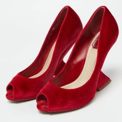 Dior Red Velvet Peep Toe Wedge Pumps Size 39
