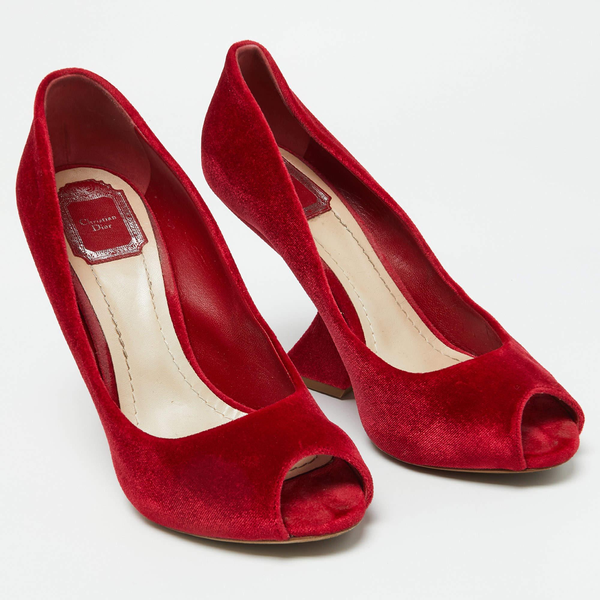 Women's Dior Red Velvet Peep Toe Wedge Pumps Size 39 For Sale