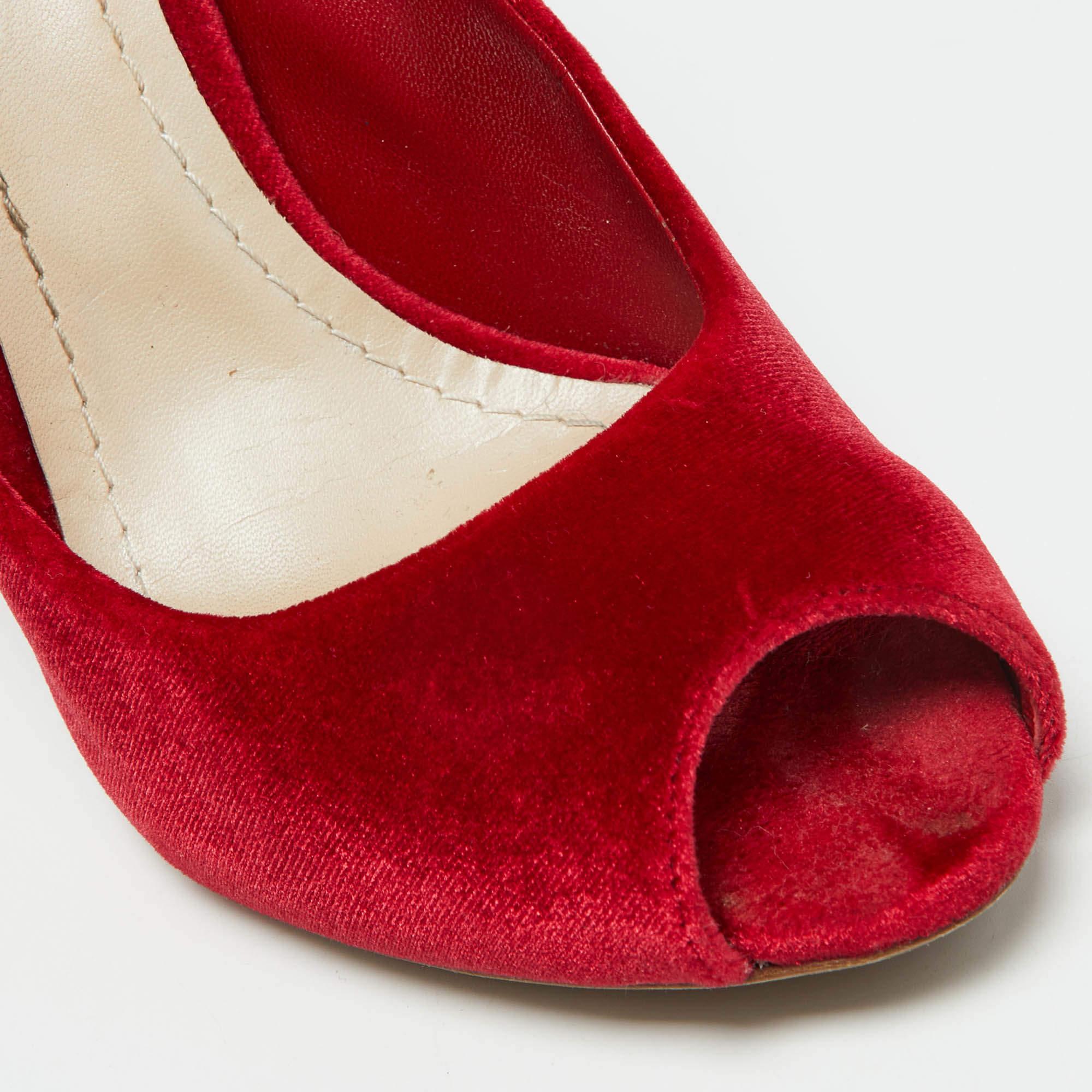 Dior Red Velvet Peep Toe Wedge Pumps Size 39 For Sale 3