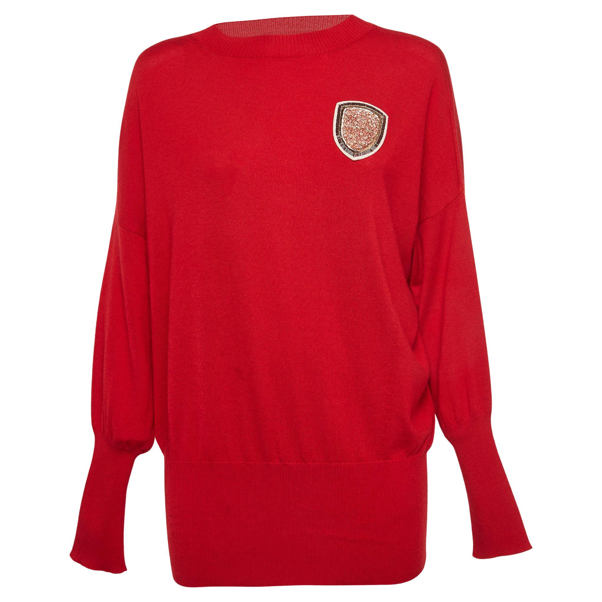 Dior Red Wool and Cashmere Crystal Applique Knit Crew Neck Jumper M For Sale