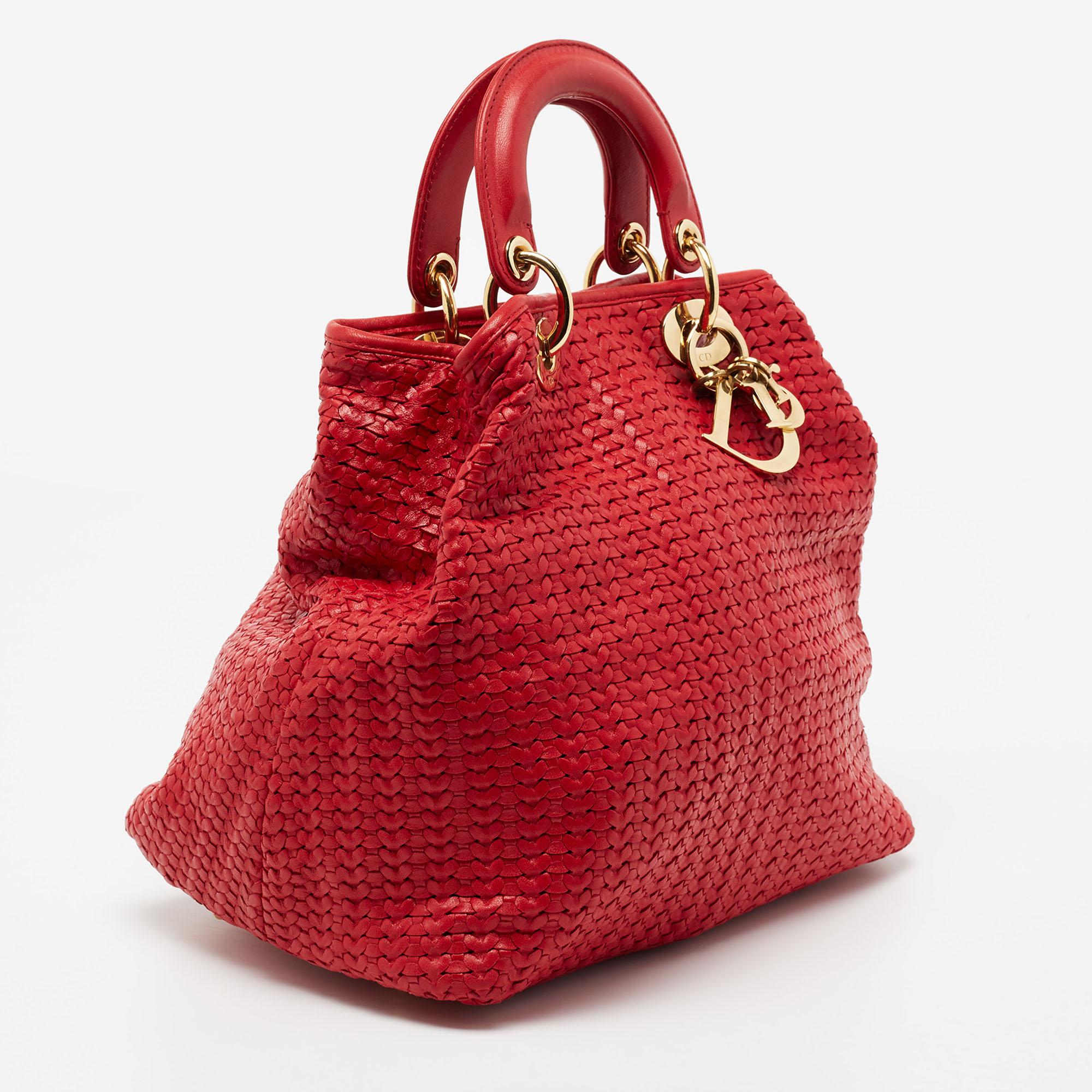 Dior Red Woven Leather Medium Soft Lady Dior Tote In Good Condition In Dubai, Al Qouz 2