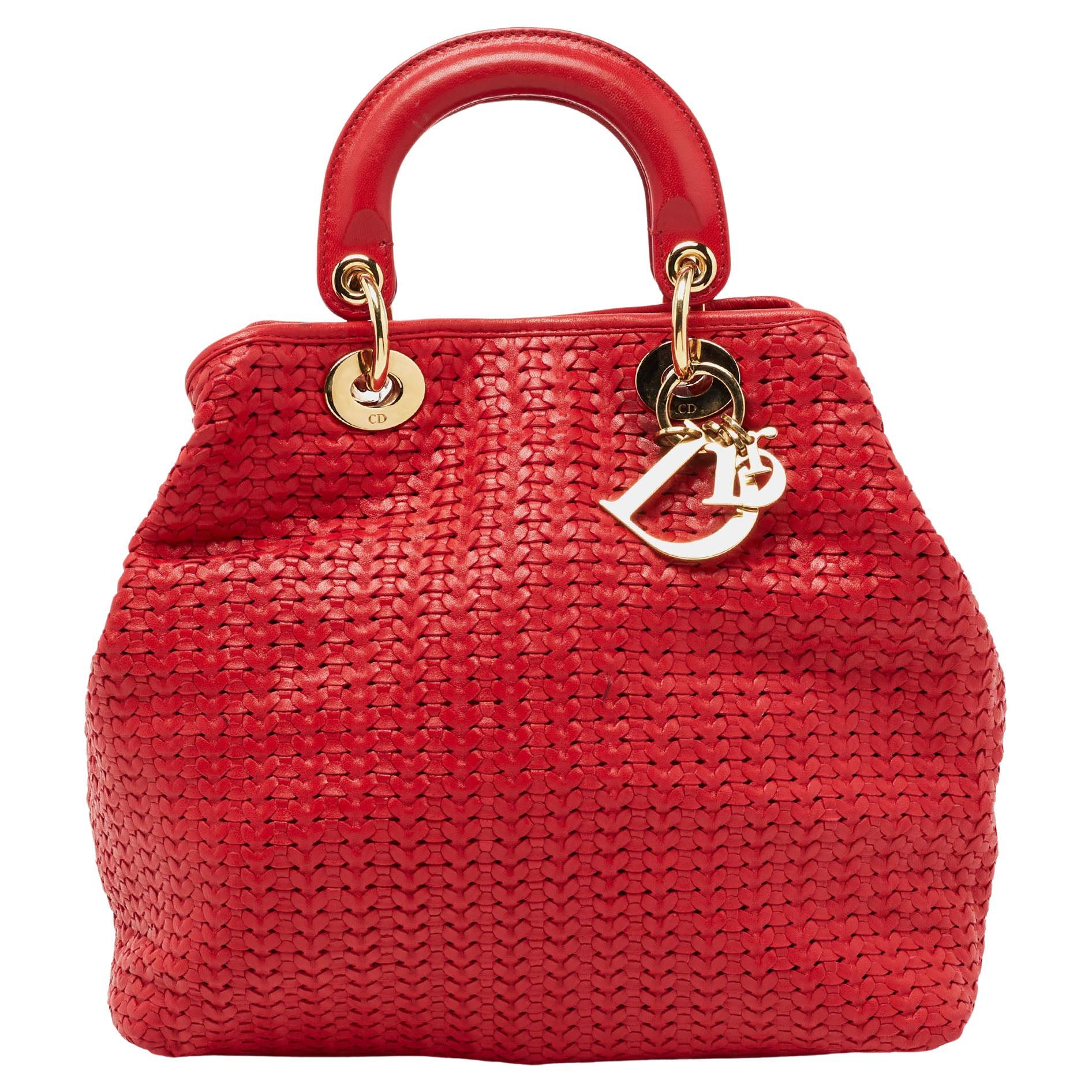Dior Red Woven Leather Medium Soft Lady Dior Tote
