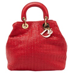 Dior Red Woven Leather Medium Soft Lady Dior Tote