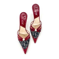 Dior Retro Vintage Trotter Bow Logo Button Jacquard Pointed Toe Slip On Mule 37