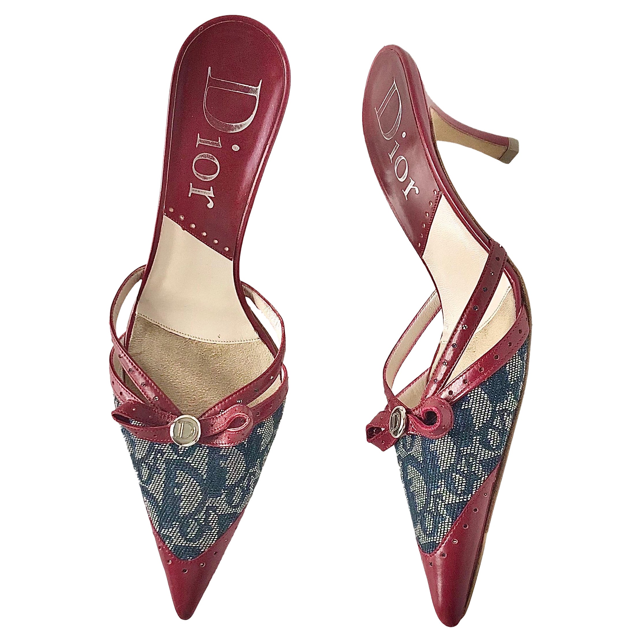 Dior Retro Vintage Trotter Bow Logo Button Jacquard Pointed Toe Slip On Mule 37