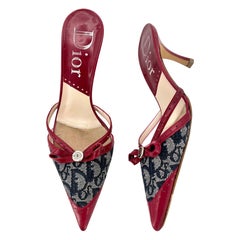Dior Retro Vintage Trotter Bow Logo Button Jacquard Pointed Toe Slip On Mule 37