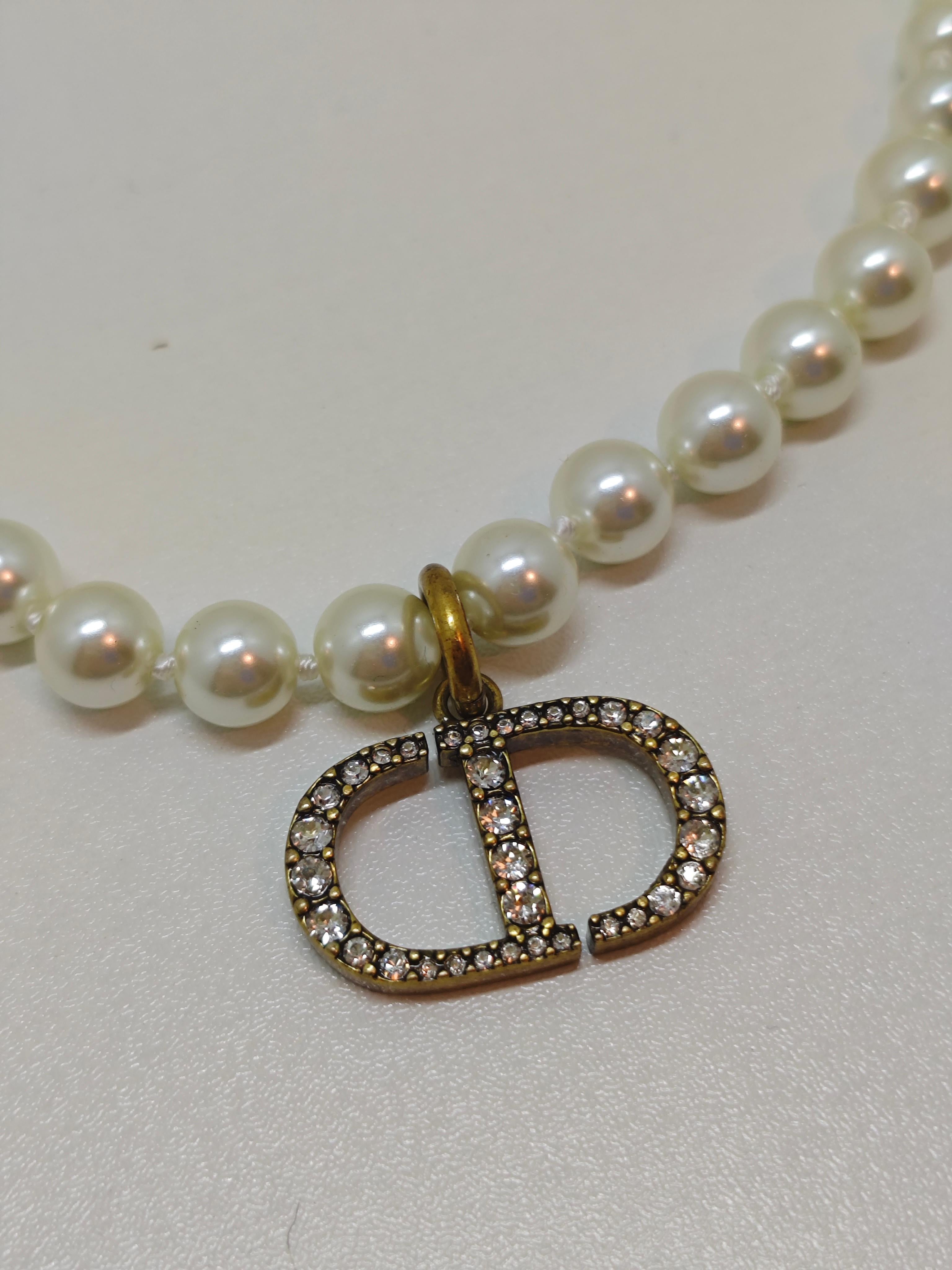 Women's Dior Rhinestone Antique CD Pearl Choker Necklace For Sale