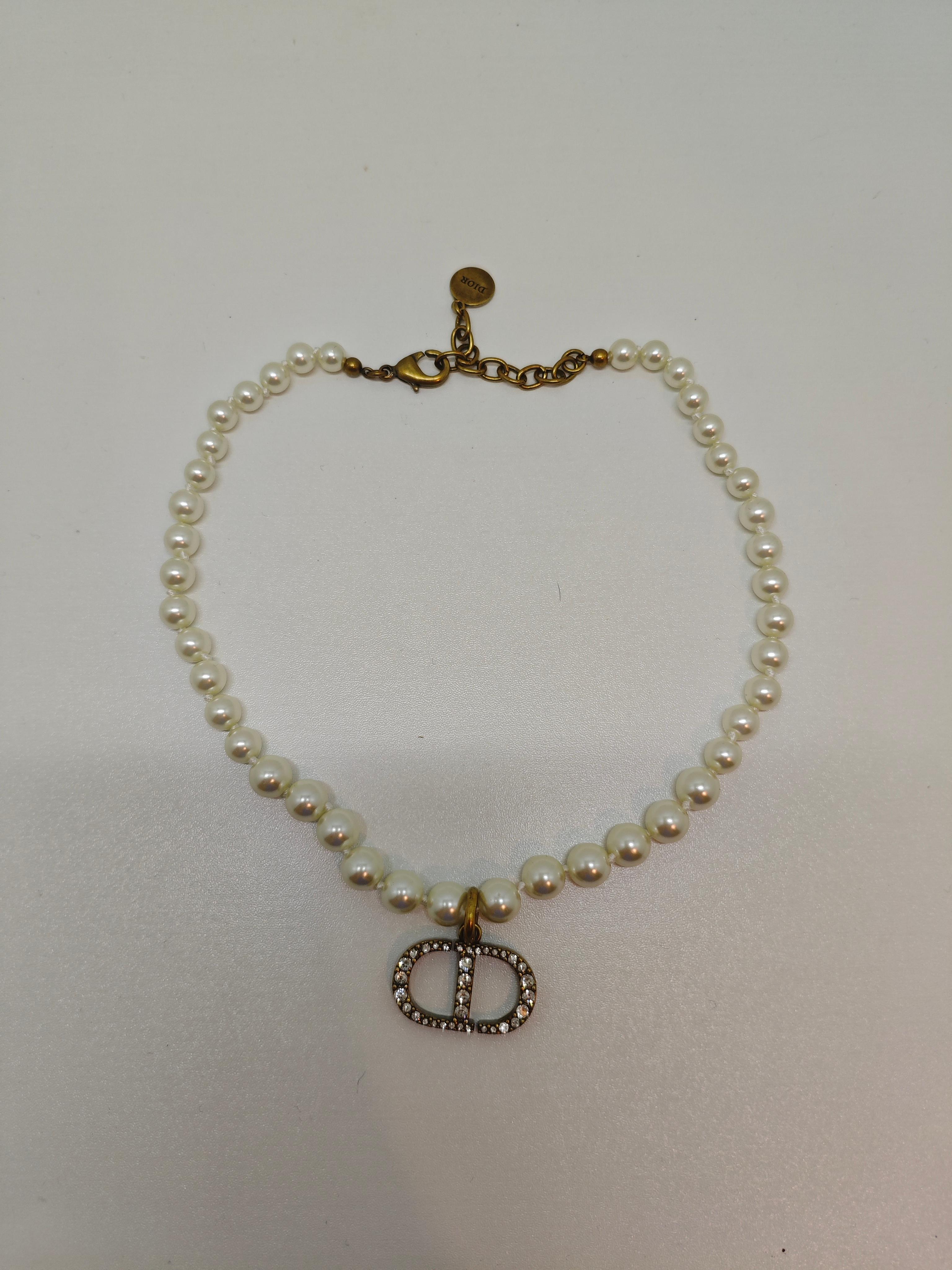 Dior Rhinestone Antique CD Pearl Choker Necklace For Sale 1