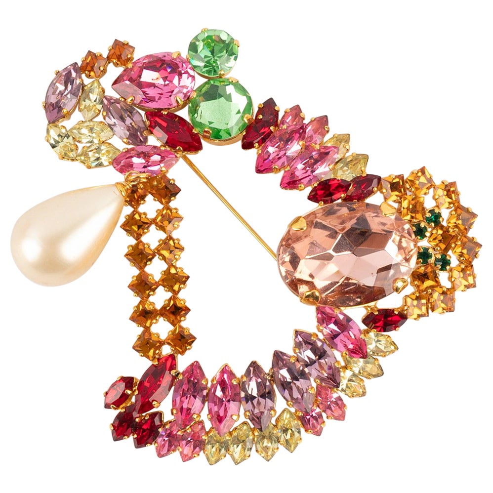 Dior Rhinestoned Brooch with Colored Rhinestones, 1990s