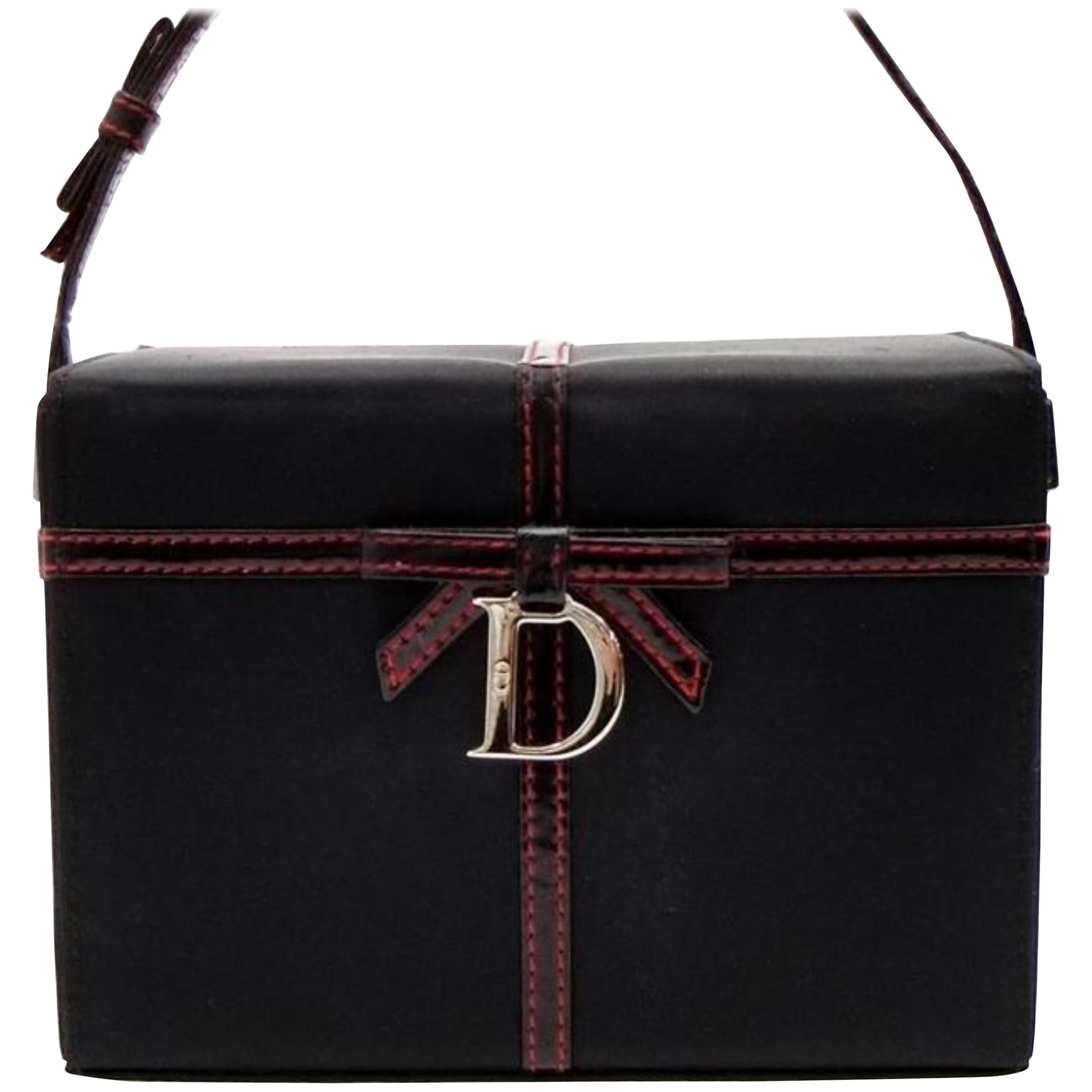 Dior Ribbon Box Vanity 228292 Black X Red Leather Nylon Clutch For Sale