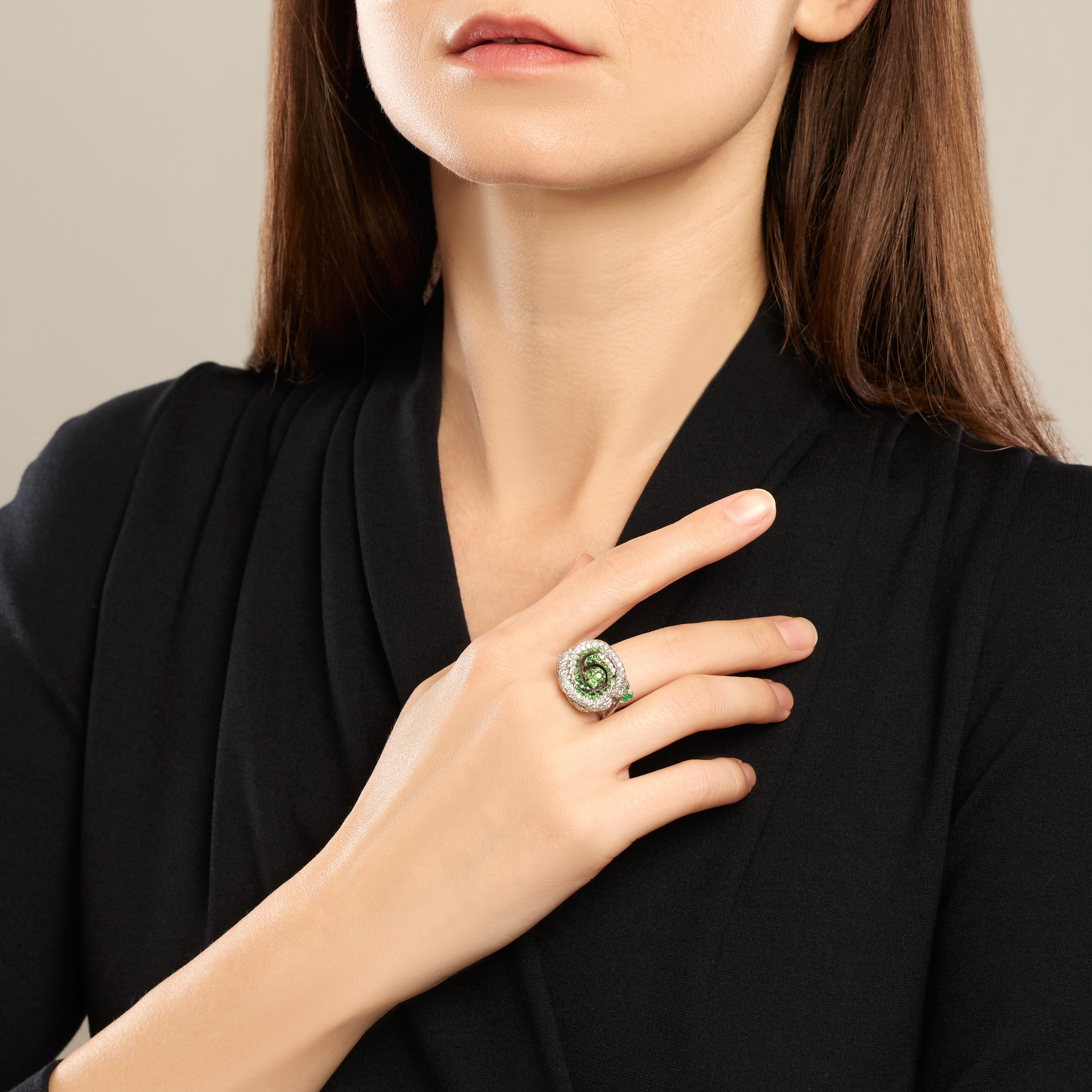 Ring DIOR Rose Bagatelle aus 18 Karat Weißgold, Tsavoriten und Diamanten. 

Zustand: sehr guter Zustand. Ein paar Mikrokratzer auf der Innenseite des Rings, wie auf dem Foto zu sehen ist. Die Außenseite des Rings ist in sehr gutem Zustand. 

Größe: