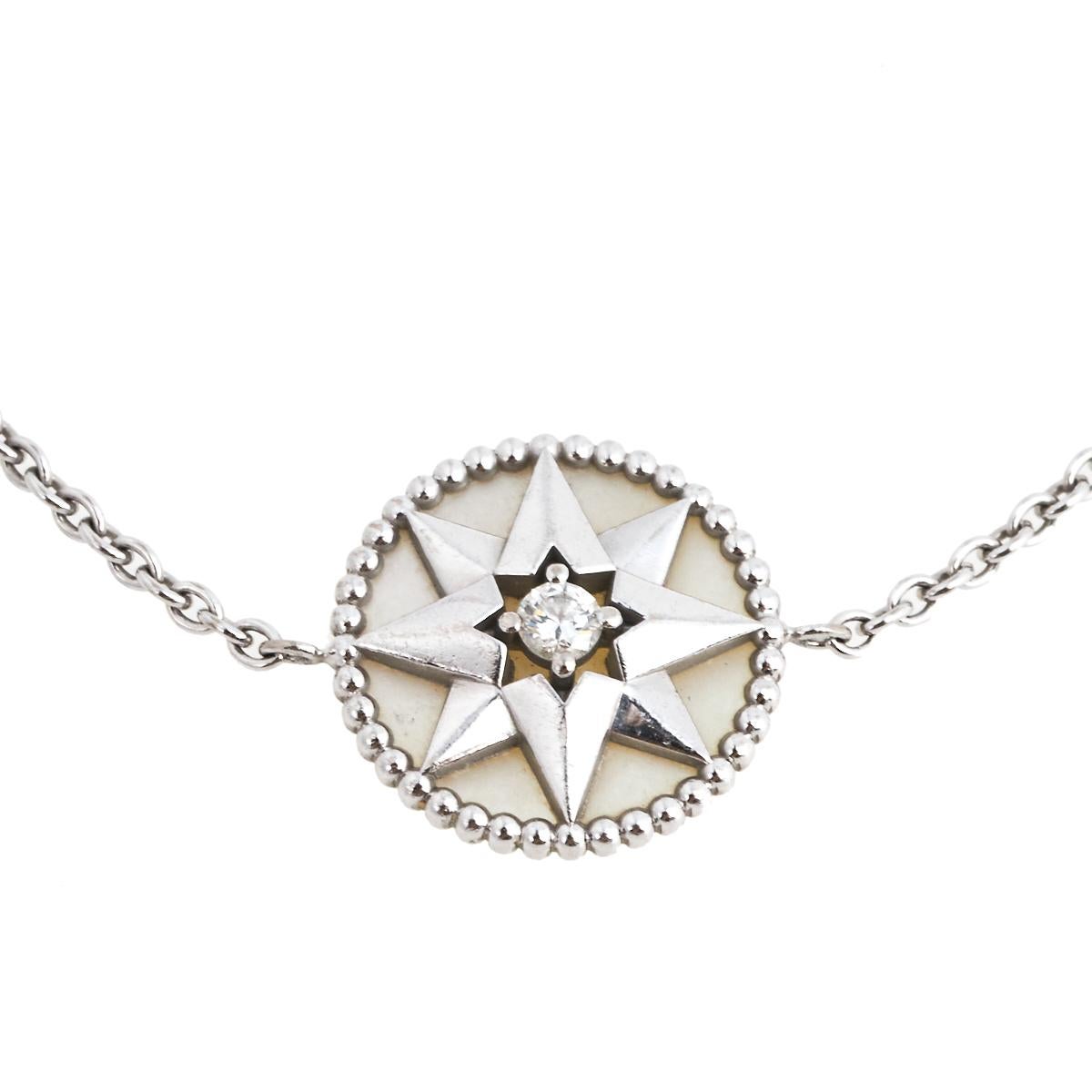 Victoire de Castellane, the Creative Director of Dior's fine jewelry division, gives a spin to the House's star symbol in this Rose des Vents bracelet using the windrose or Rose of the Winds, which is an eight-pointed star. The bracelet comes made
