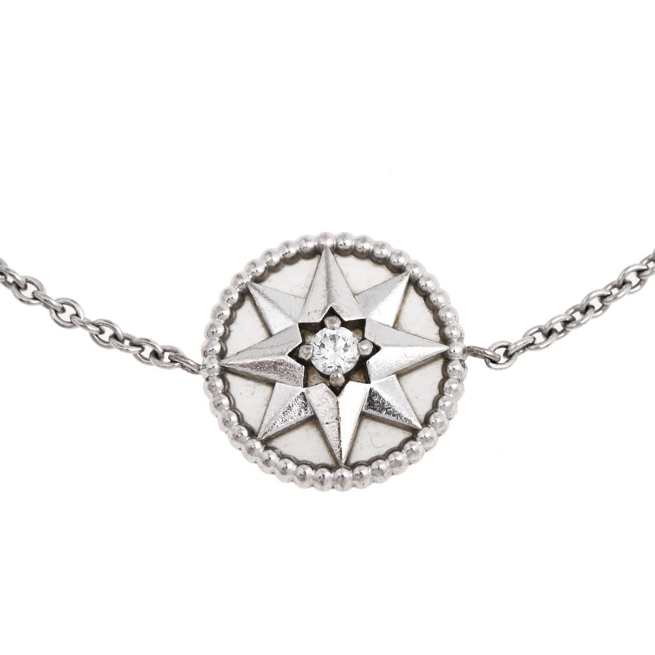 Victoire de Castellane, the Creative Director of Dior's fine jewelry division, gives a spin to the House's star symbol in this Rose des Vents bracelet using the windrose or Rose of the Winds, which is an eight-pointed star. The bracelet comes made