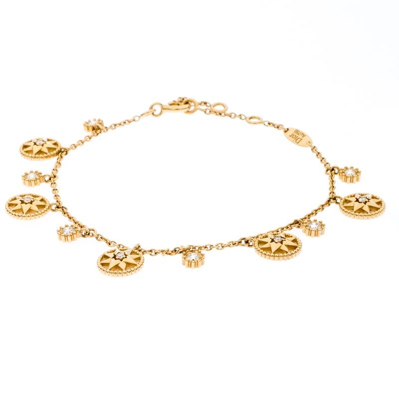 Victoire de Castellane, the Creative Director of Dior's fine jewelry division, gives a spin to the house's star symbol in this Rose des Vents bracelet using the windrose or Rose of the Winds, which is an eight-pointed star. The bracelet comes made