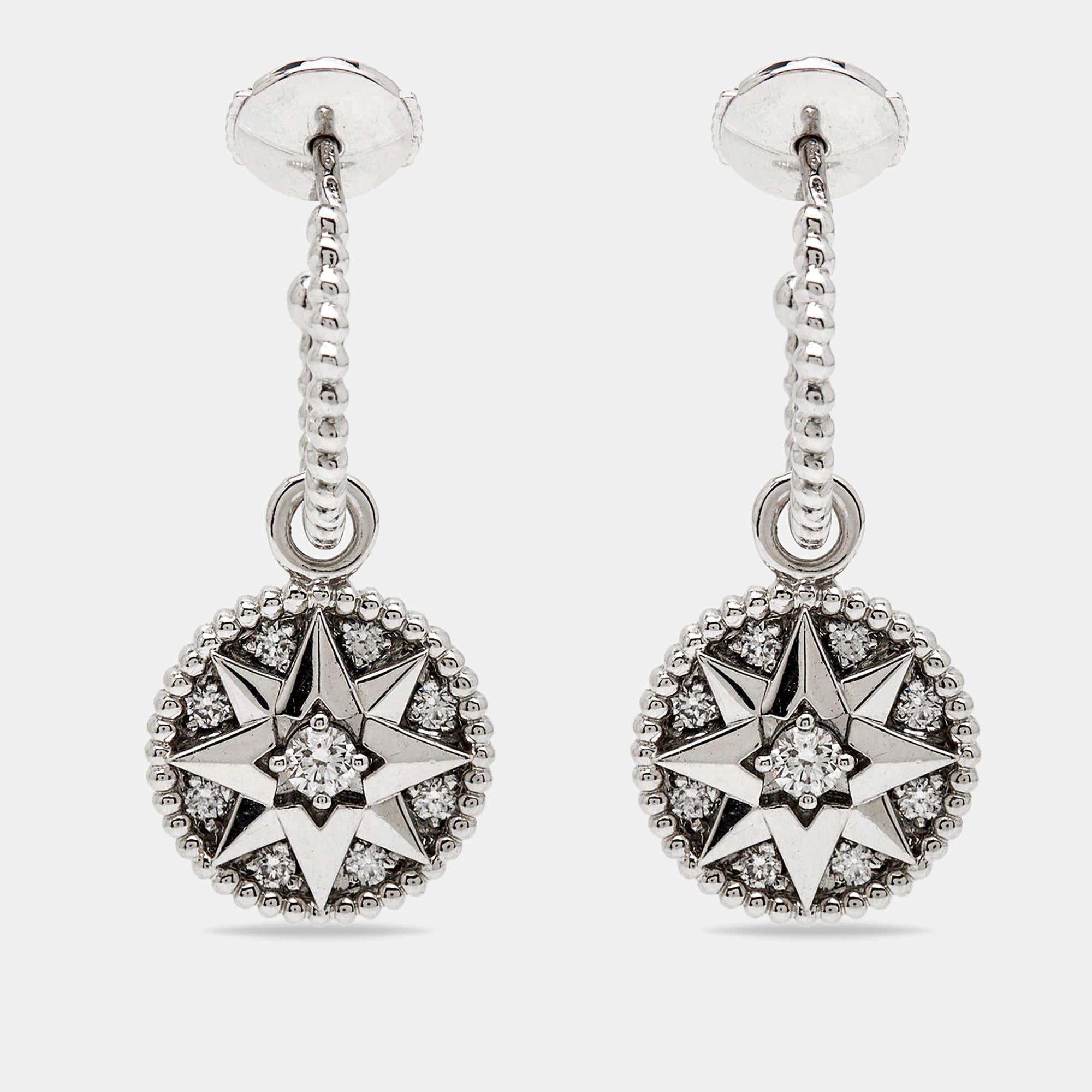 Victoire de Castellane, the Creative Director of Dior's fine jewelry division, gives a spin to the house's star symbol in this Rose des Vents pair of earrings using the windrose or Rose of the Winds, which is an eight-pointed star. The earrings come