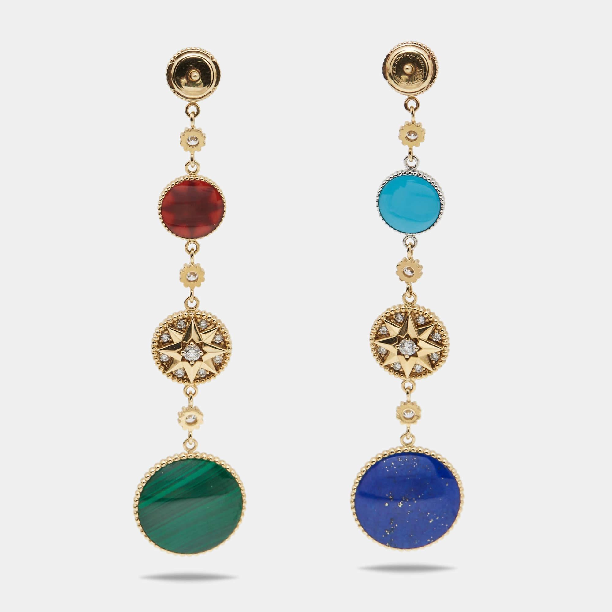 The Rose des Vents earrings by Dior exhibit the talisman star as its main highlight. Crafted using two-tone 18k gold, they are adorned with diamond, lapis lazuli, malachite, turquoise, carnelian, onyx, and rose quartz. Such a stunning creation is