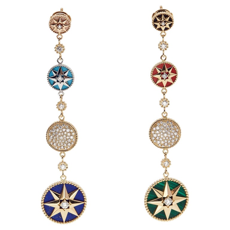 Dior Rose Des Vents Multi Gemstone 18k Two Tone Gold Earrings For Sale