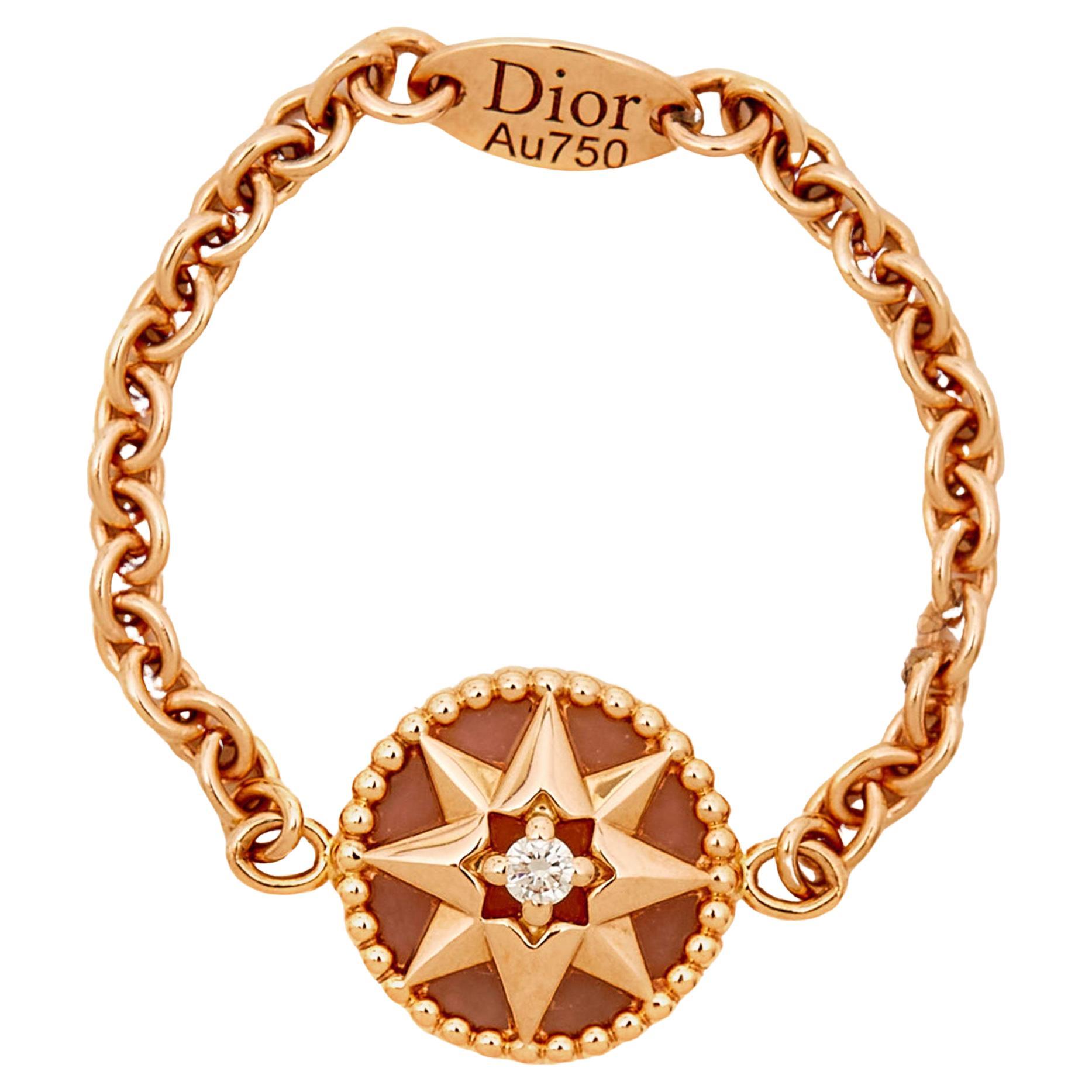 Dior Rose Des Vents Pink Opal Diamond 18k Rose Gold Chain Link Ring Size 53