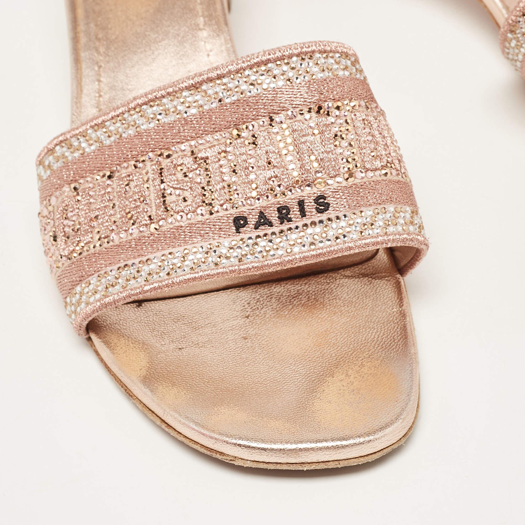 Dior Rose Gold Embroidered Logo Canvas Crystal Embellished Dway Slide Sandals Si 1