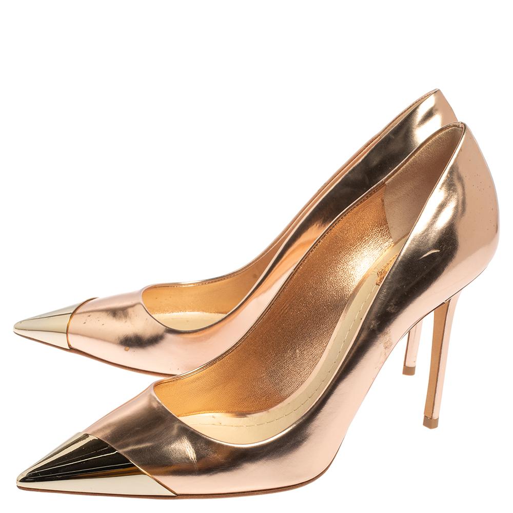 Women's Dior Rose Gold Leather Metal Pointed Cap Toe Pumps Size 39