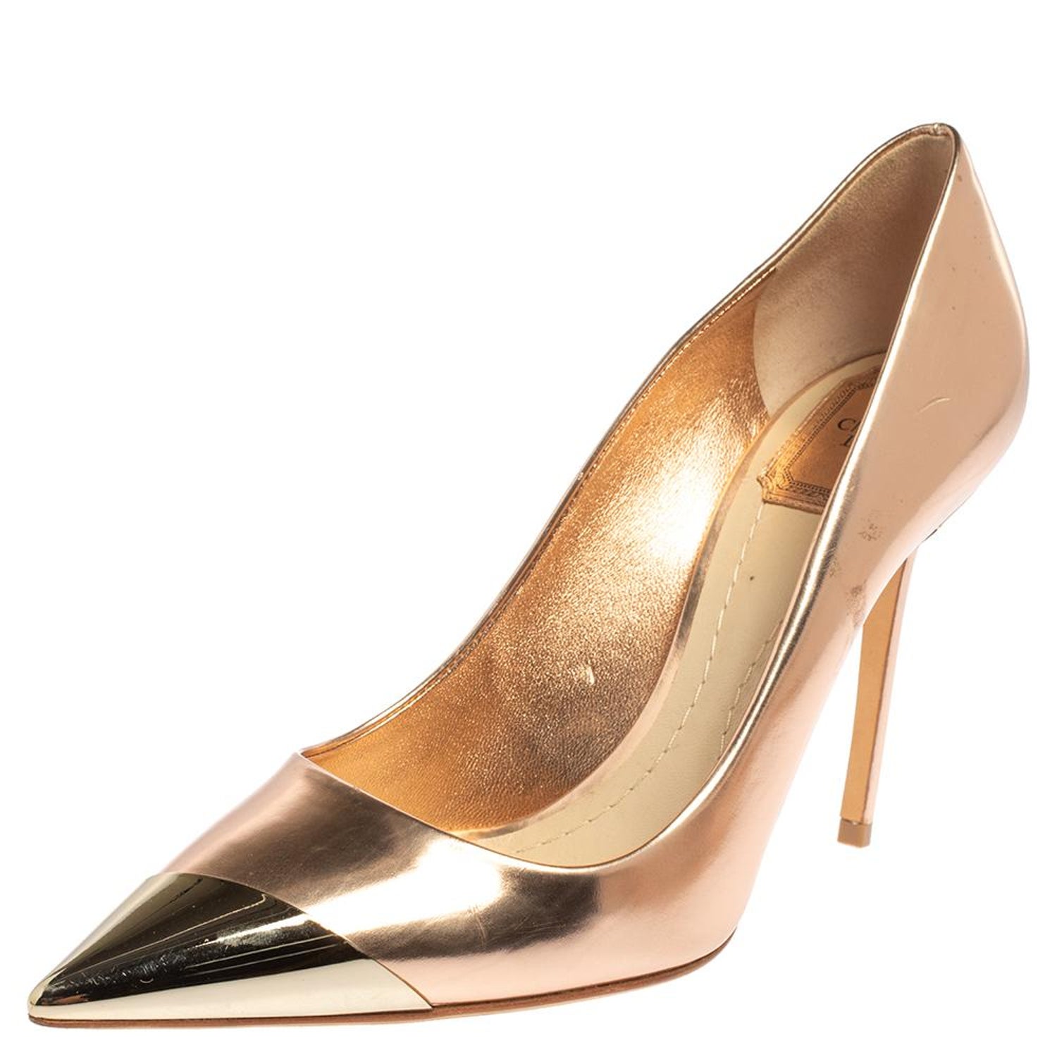 crown Shah Orbit Dior Rose Gold Leather Metal Pointed Cap Toe Pumps Size 39 at 1stDibs