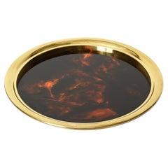 Dior Round Serving Tray in Tortoiseshell Effect Lucite and Brass, Italy 1970s