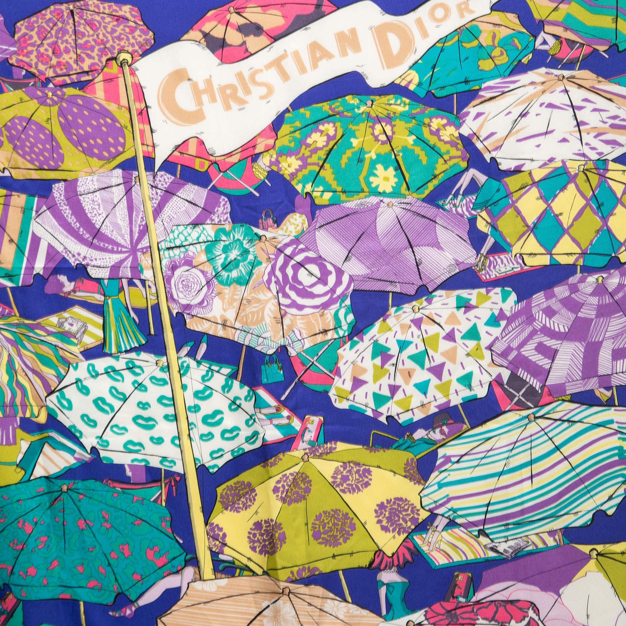 Dior Royal Blue Beach Umbrella Print Silk Scarf In Excellent Condition For Sale In Dubai, Al Qouz 2