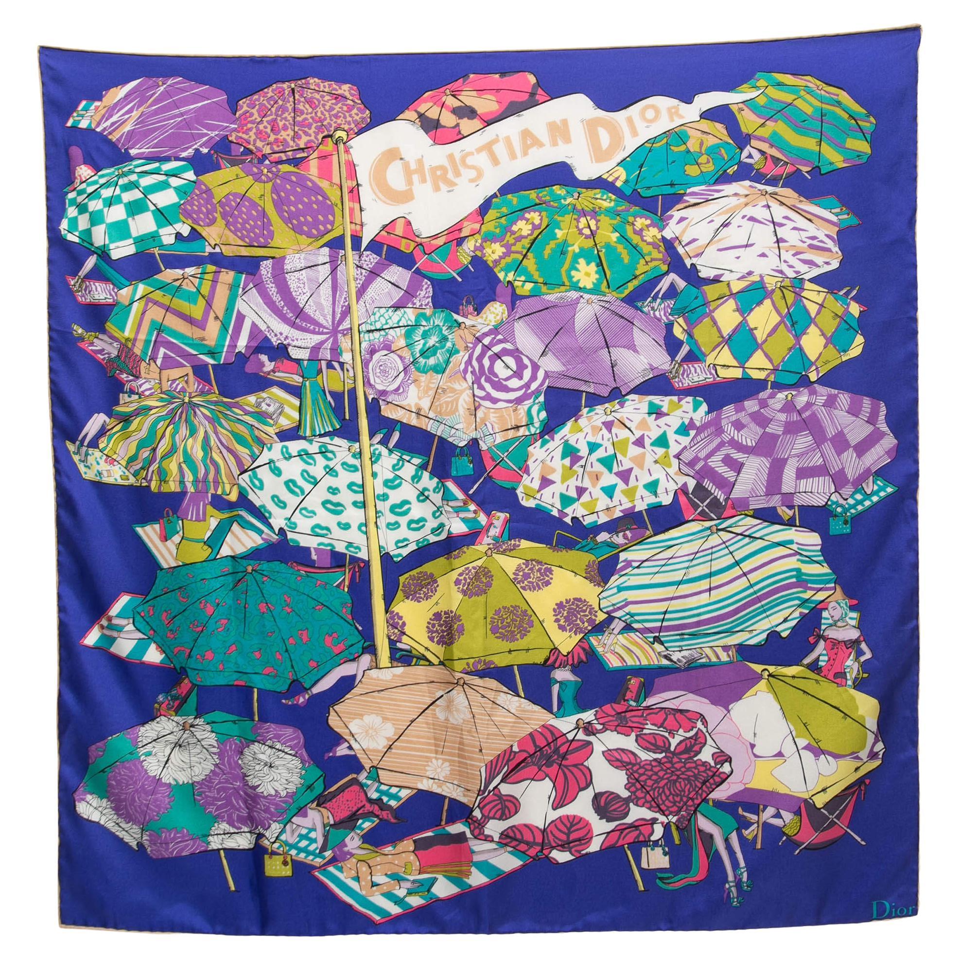 Dior Royal Blue Beach Umbrella Print Silk Scarf For Sale