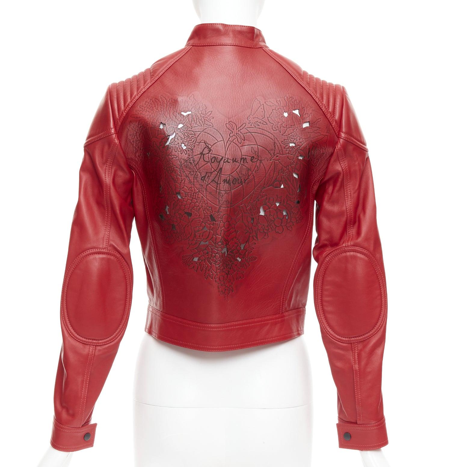 DIOR Royaume d'Amour red leather laser cut moto biker jacket FR34 XS
Reference: AAWC/A01380
Brand: Dior
Designer: Maria Grazia Chiuri
Model: Royaume d'Amour
Material: Leather
Color: Red, Black
Pattern: Solid
Closure: Zip
Lining: Black Fabric
Extra