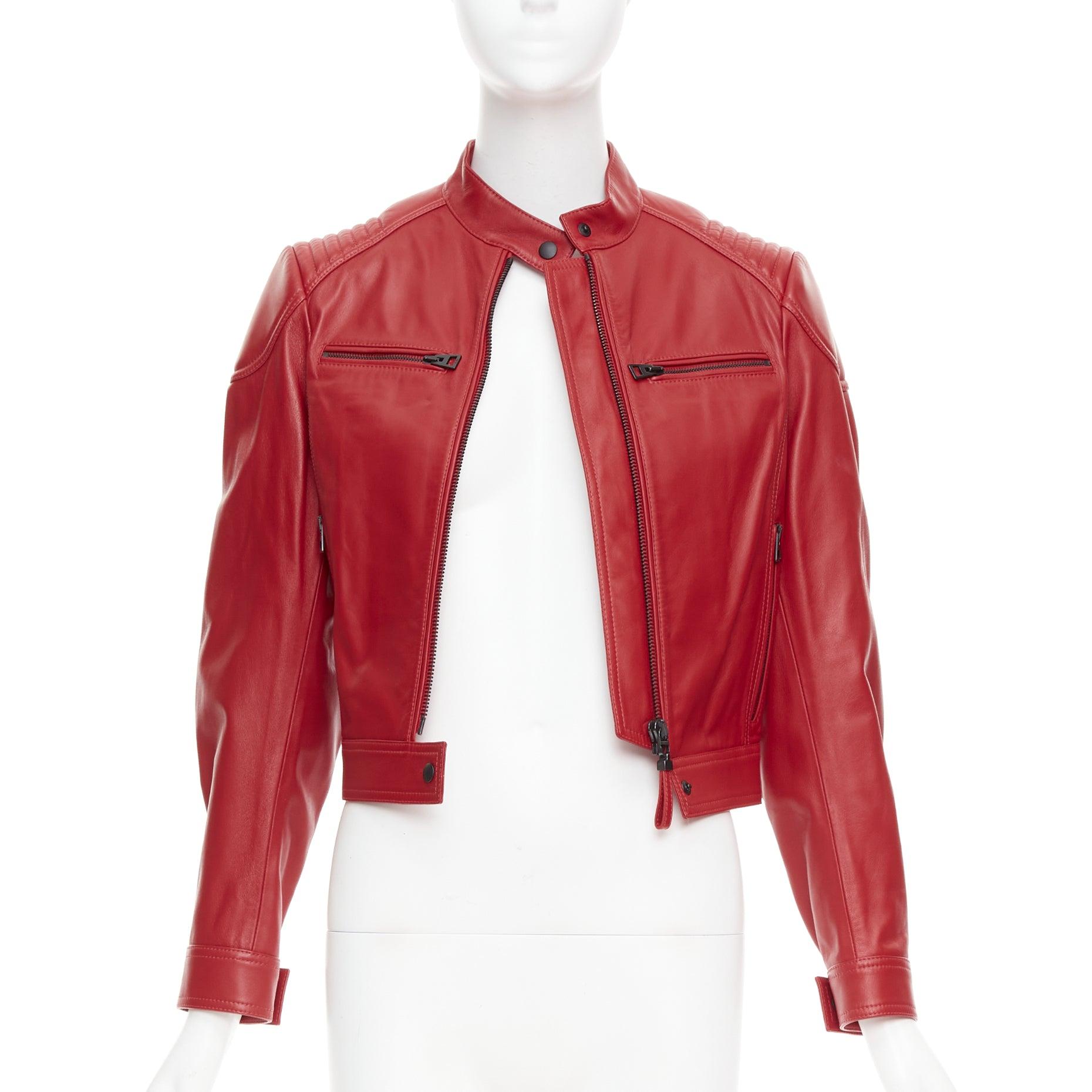 Red DIOR Royaume d'Amour red leather laser cut moto biker jacket FR34 XS For Sale