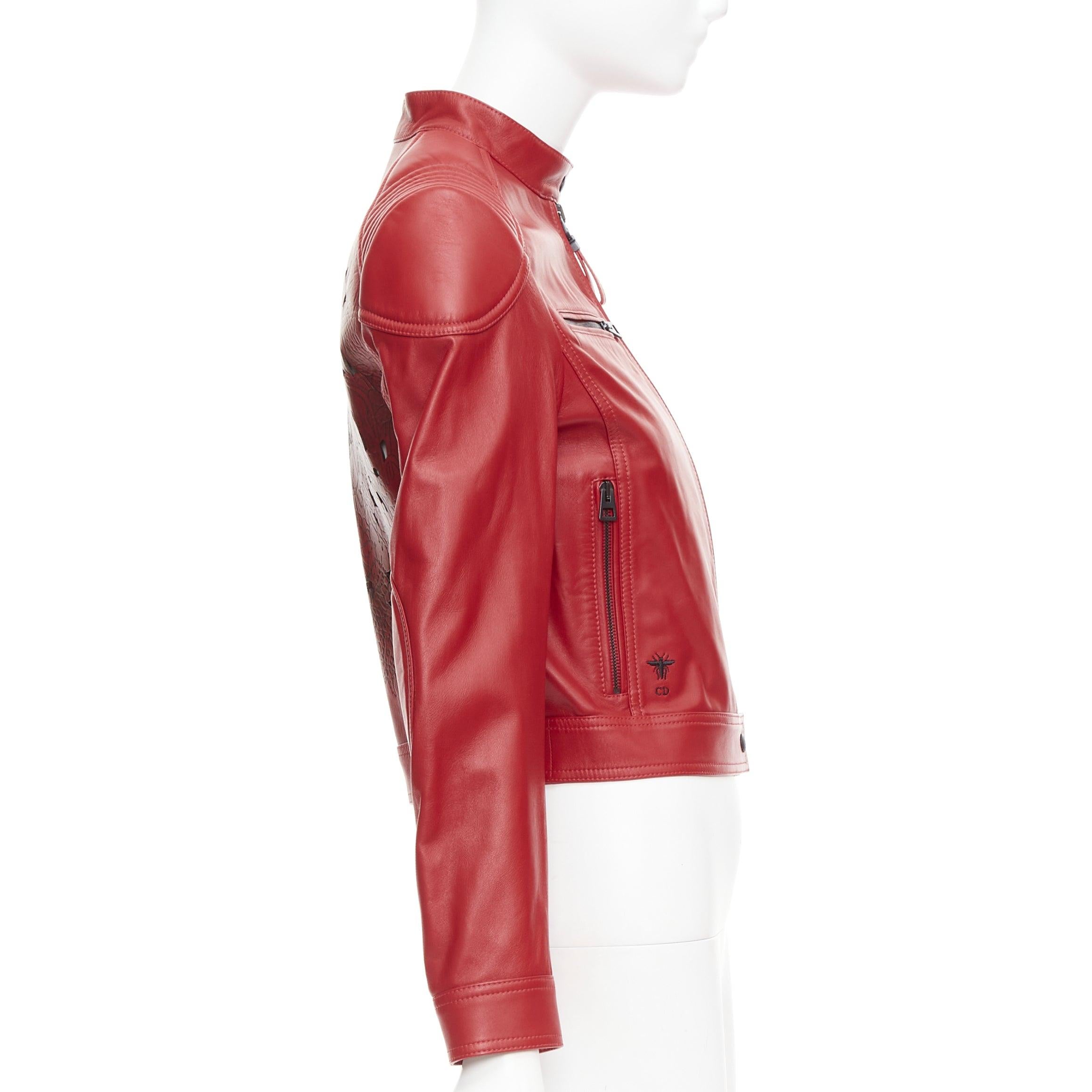 Women's DIOR Royaume d'Amour red leather laser cut moto biker jacket FR34 XS For Sale