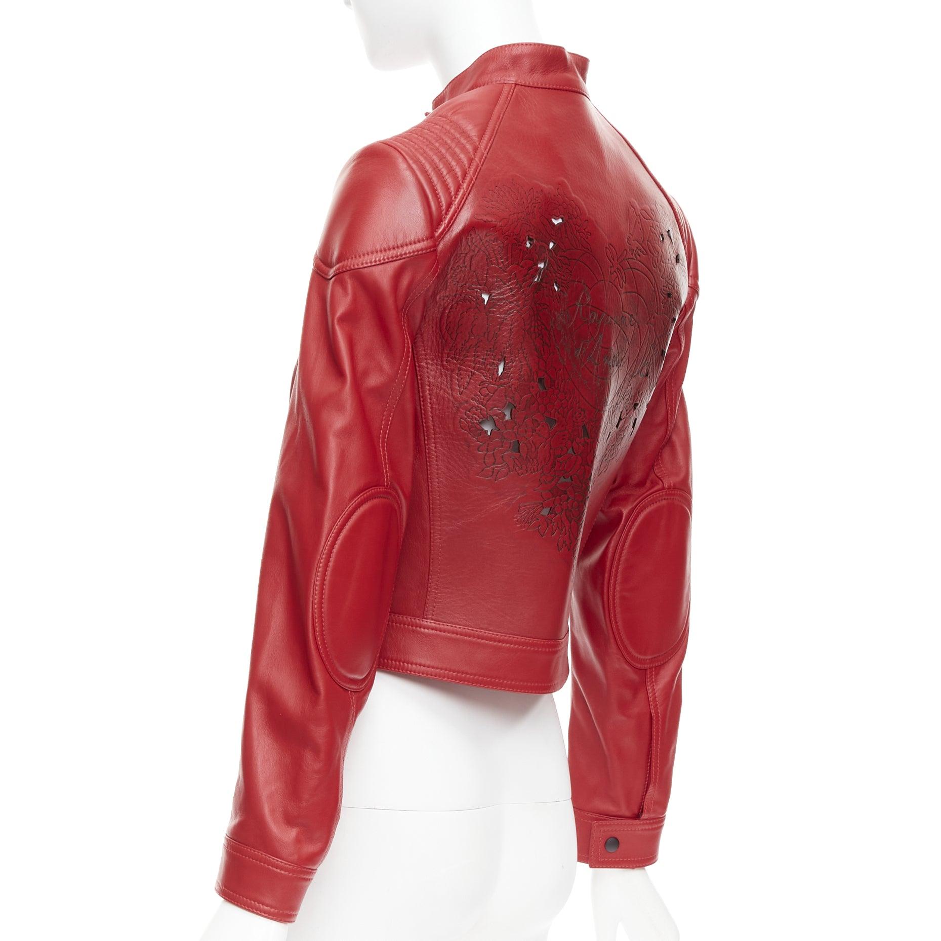 DIOR Royaume d'Amour red leather laser cut moto biker jacket FR34 XS For Sale 1