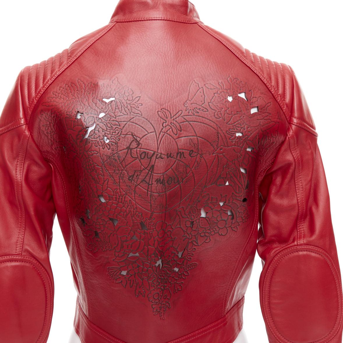 DIOR Royaume d'Amour red leather laser cut moto biker jacket FR34 XS For Sale 2