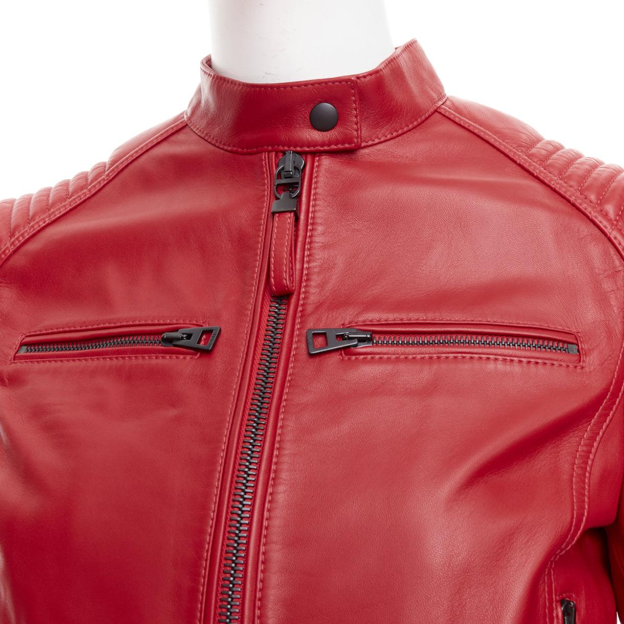 DIOR Royaume d'Amour red leather laser cut moto biker jacket FR34 XS For Sale 3