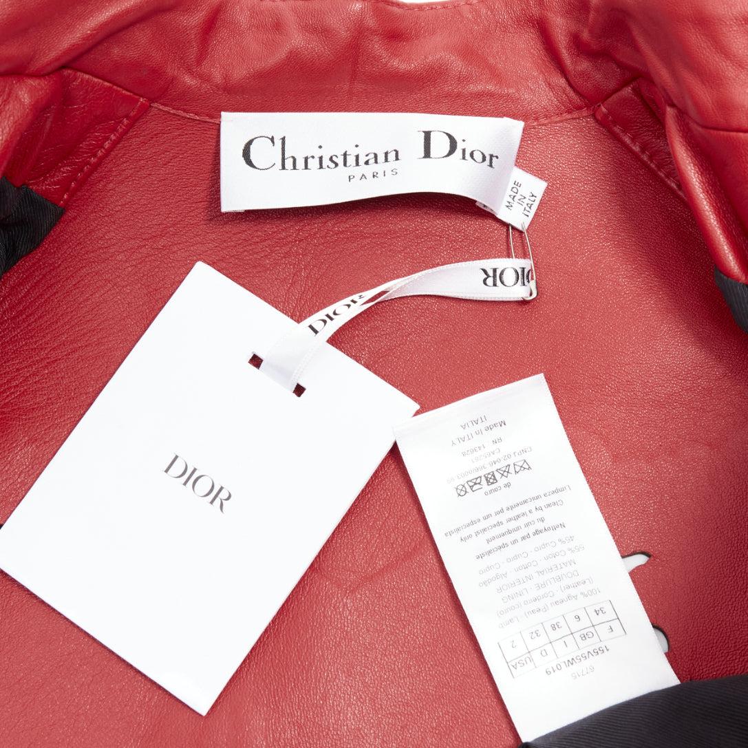 DIOR Royaume d'Amour red leather laser cut moto biker jacket FR34 XS For Sale 4