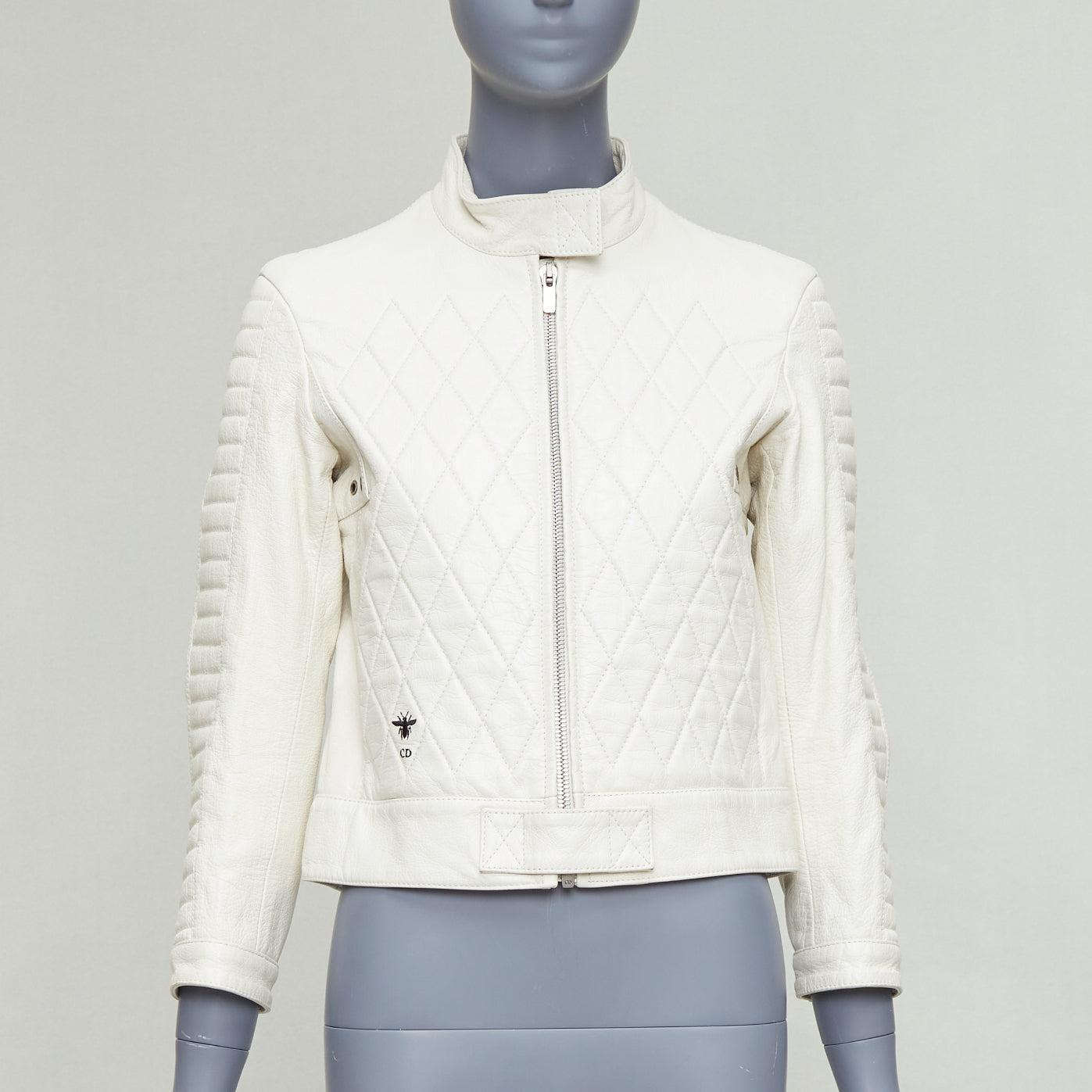 Grigio DIOR Runway crema in pelle di capra CD ape trapuntata giacca biker FR38 M in vendita
