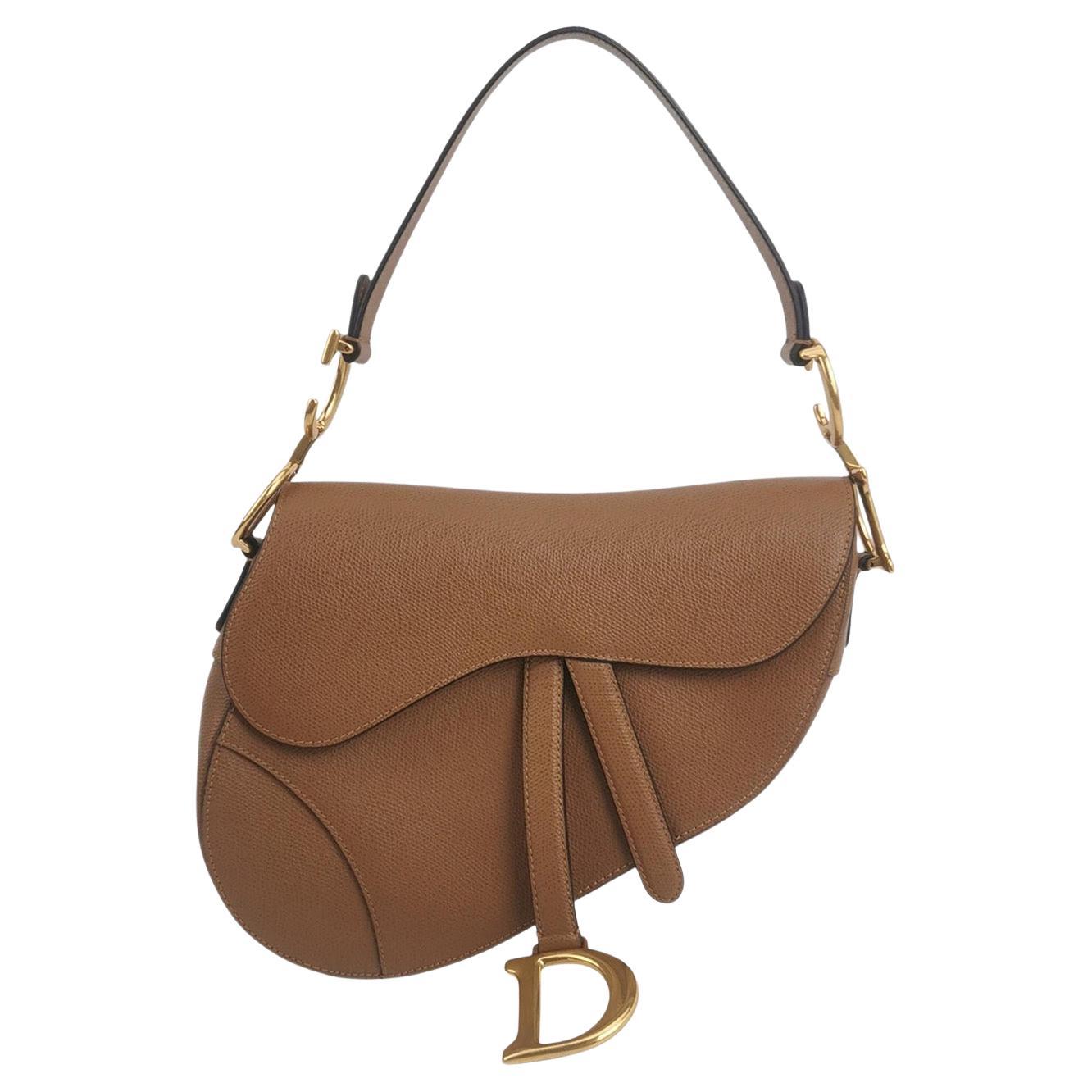 Dior Saddle 2019 Borsa media in pelle di vitello martellata marrone Tan