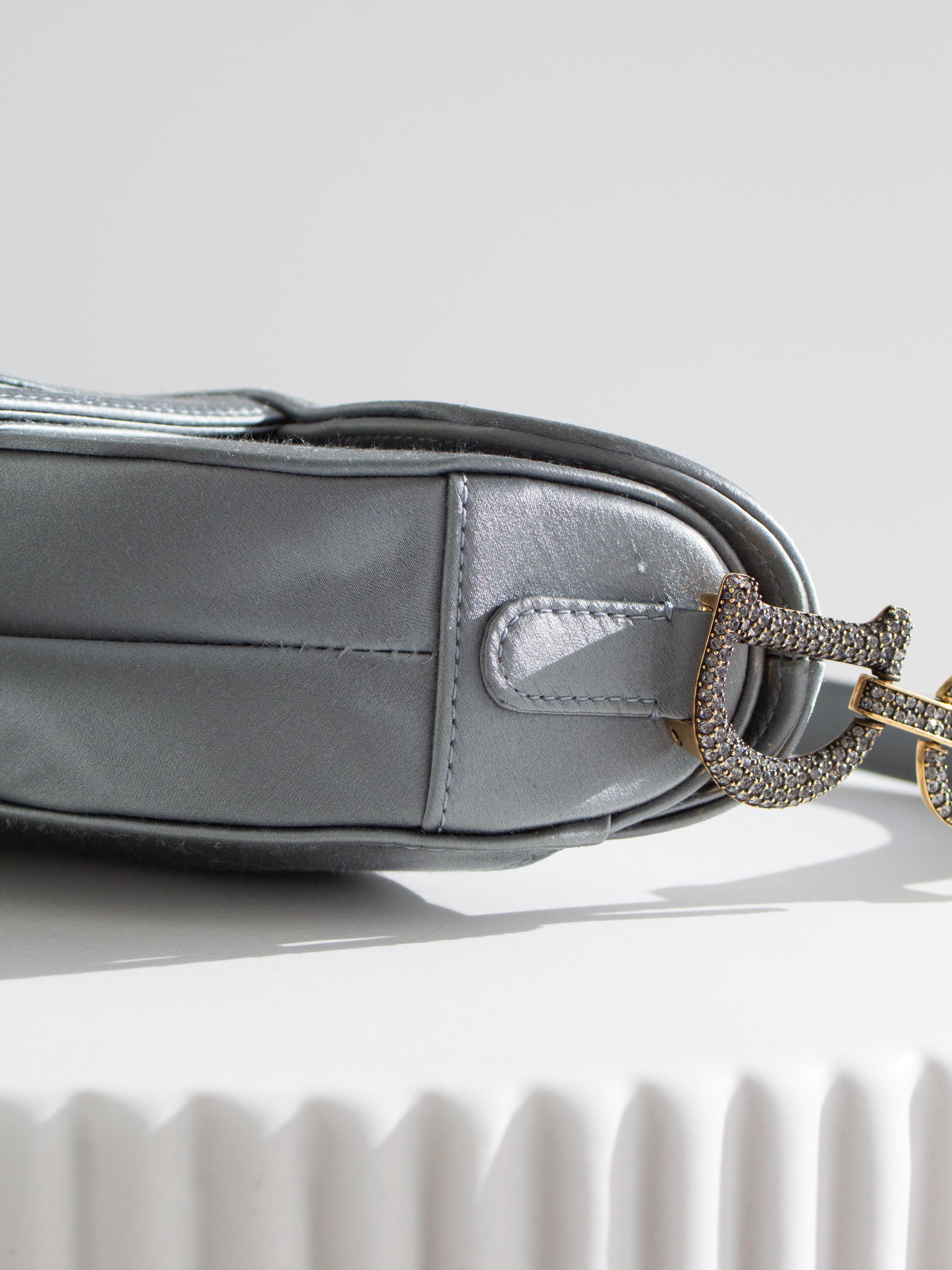 Dior Saddle 2019 Mini Satin Icy Blue Grey Crystal Embellished Bag For Sale 6