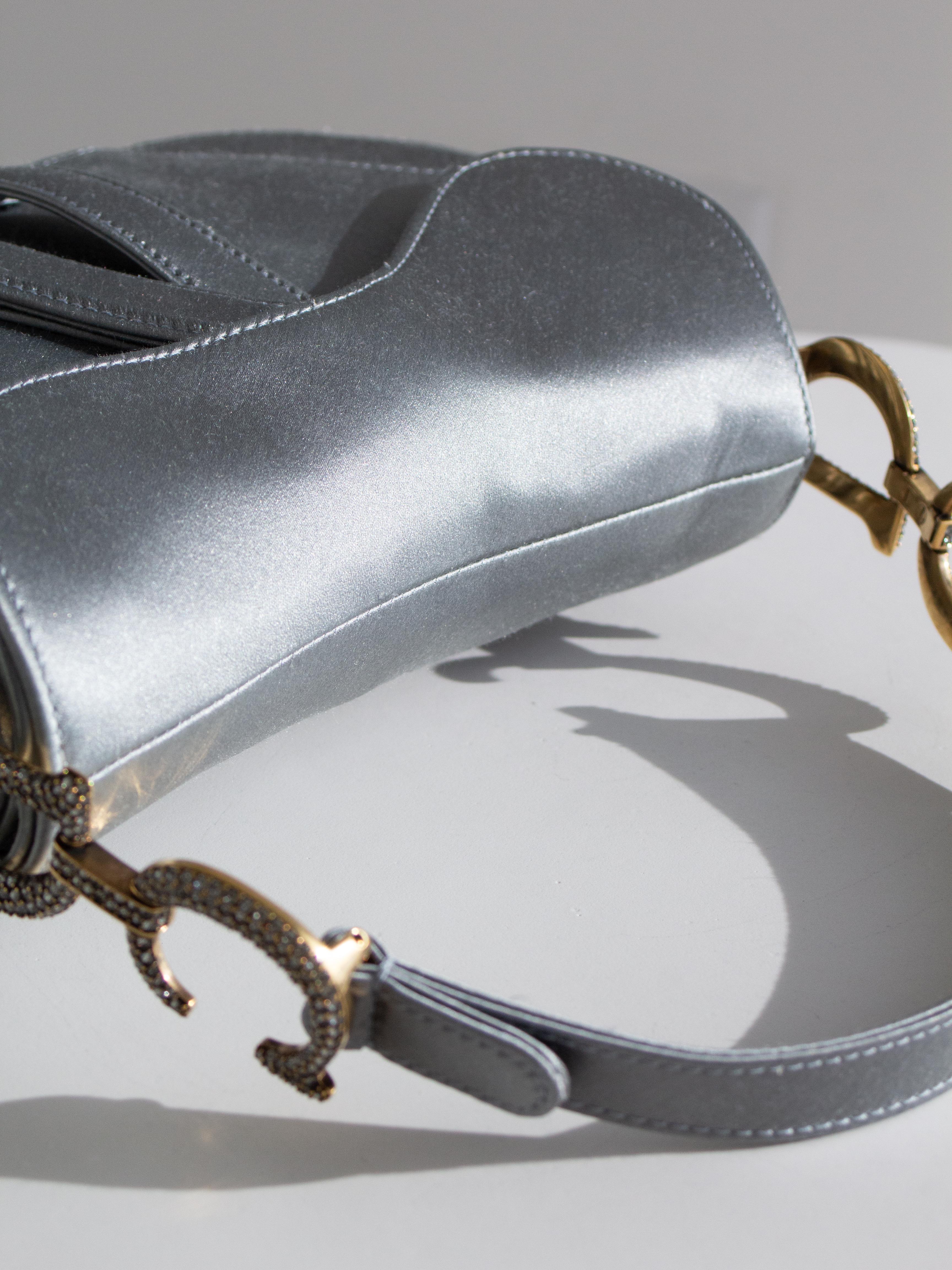 Dior Saddle 2019 Mini Satin Icy Blue Grey Crystal Embellished Bag For Sale 7