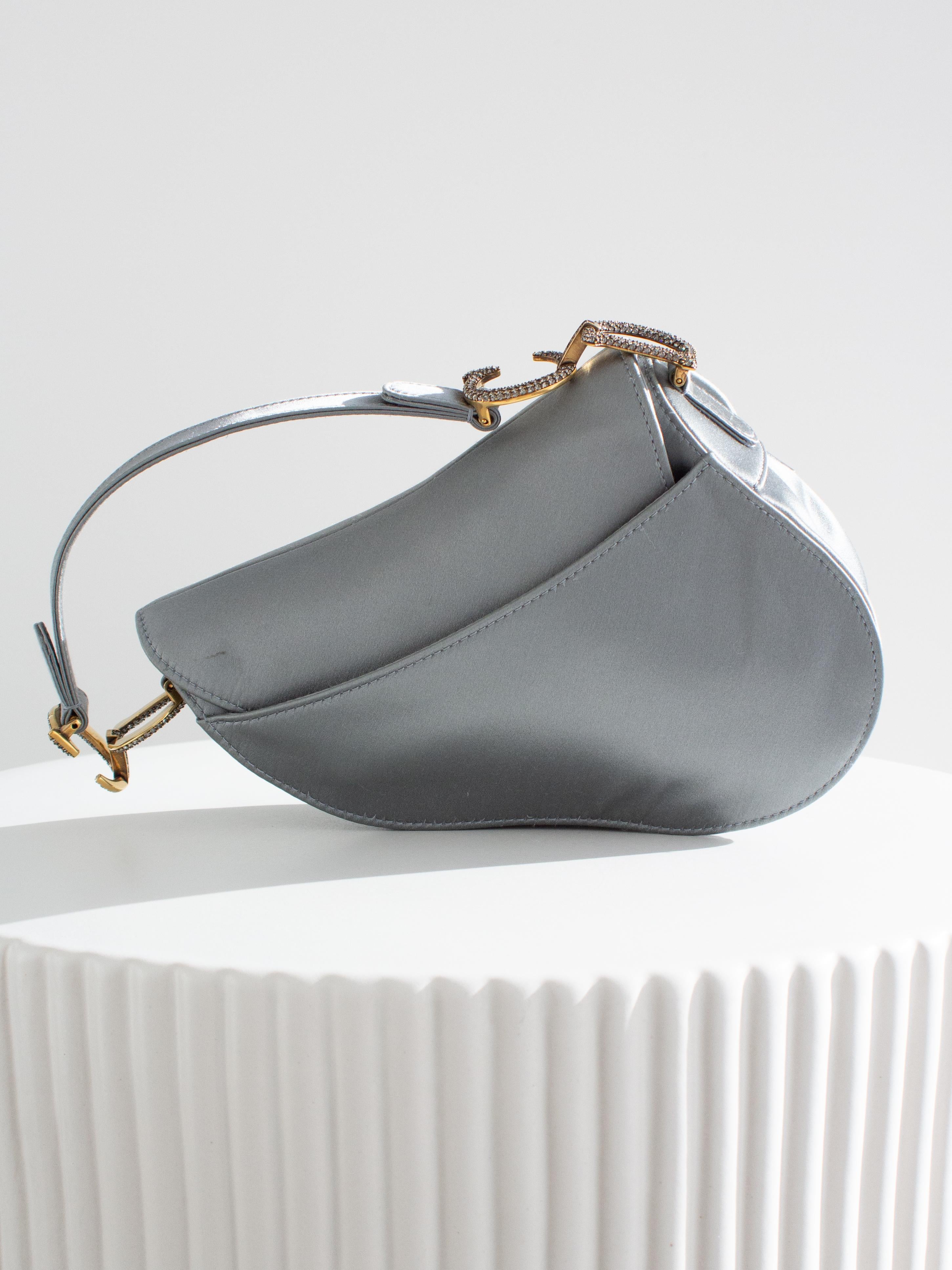 Dior Saddle 2019 Mini Satin Icy Blue Grey Crystal Embellished Bag For Sale 8