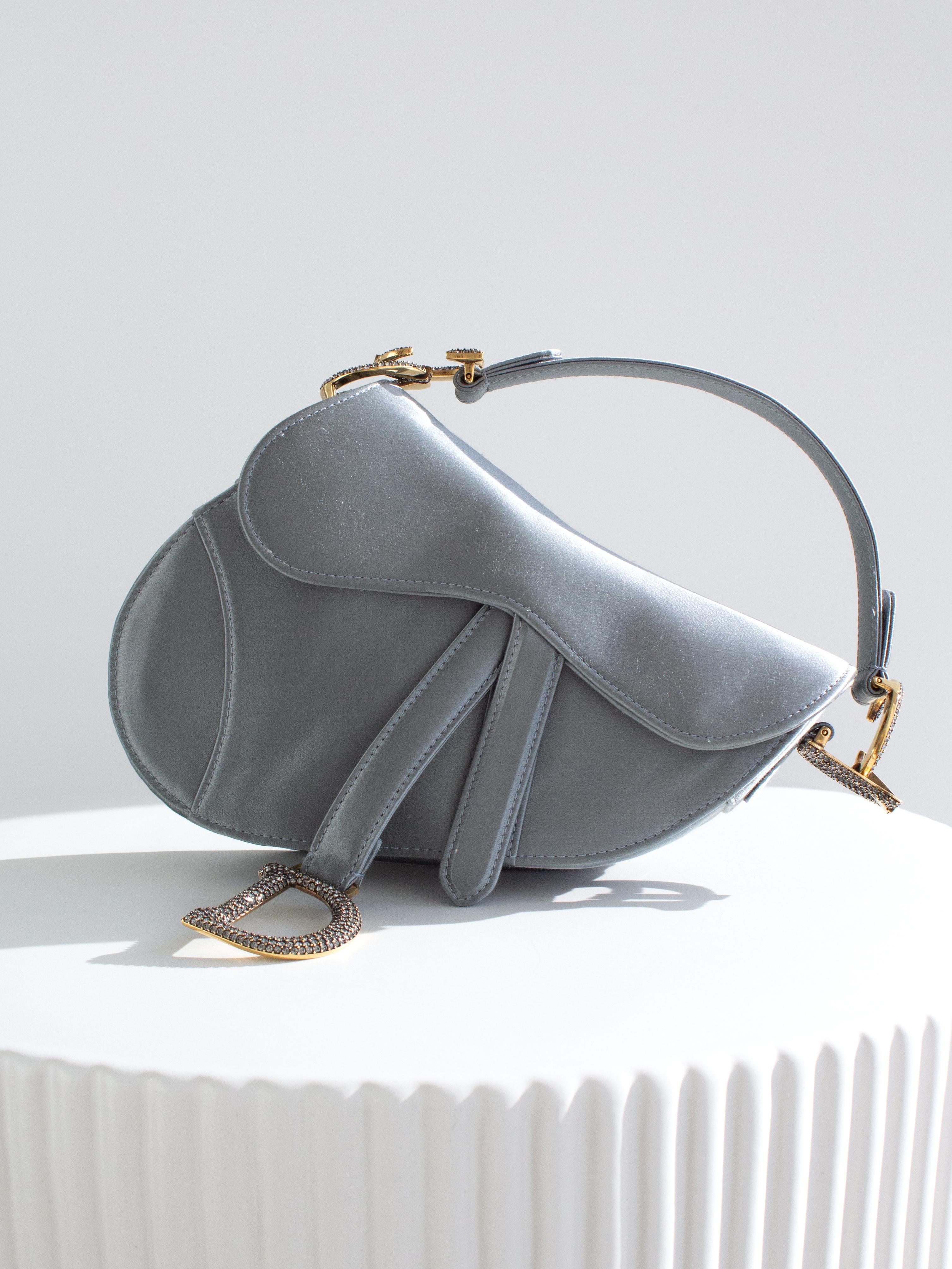 Gray Dior Saddle 2019 Mini Satin Icy Blue Grey Crystal Embellished Bag For Sale