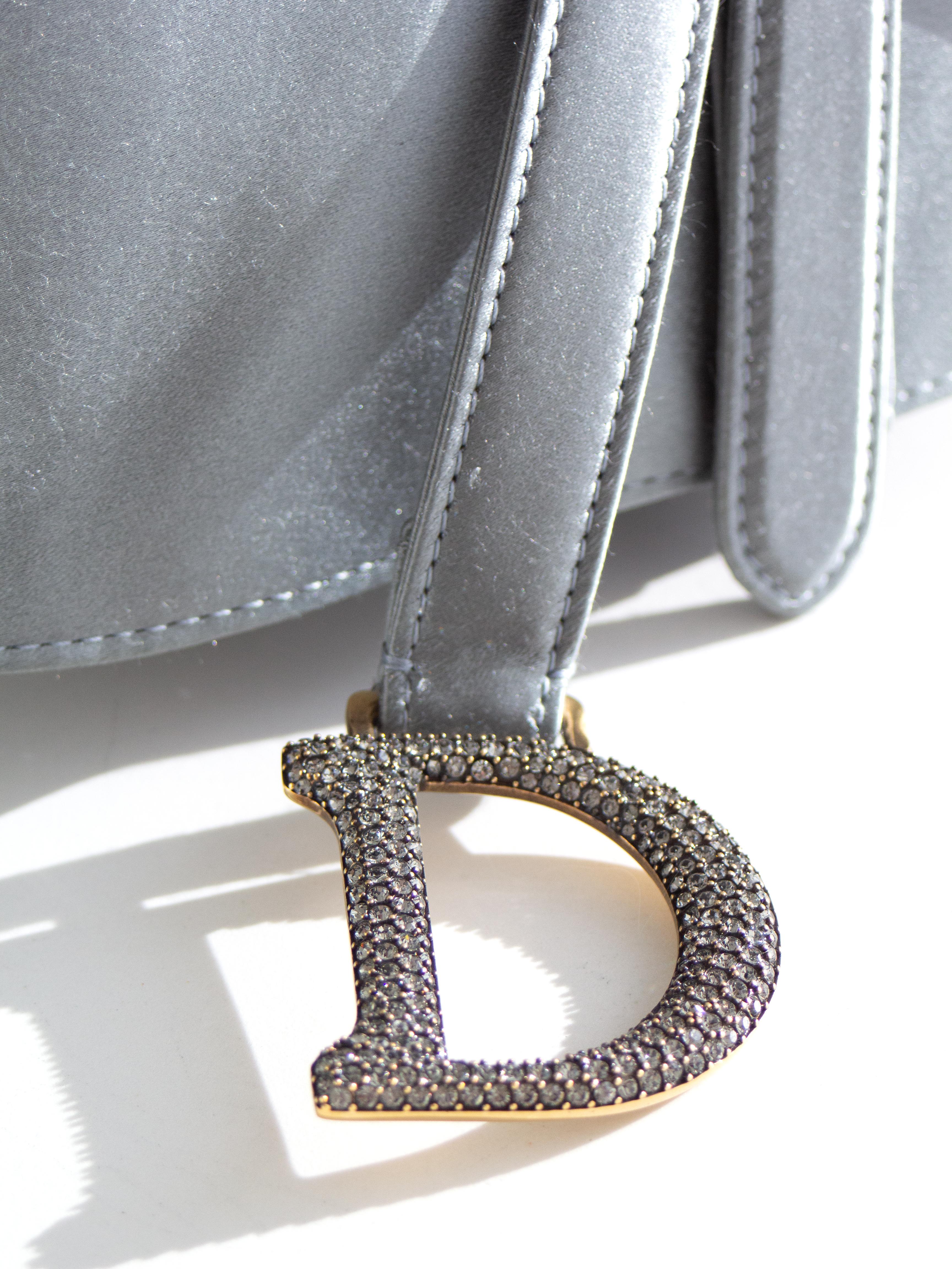 Dior Saddle 2019 Mini Satin Icy Blue Grey Crystal Embellished Bag In Good Condition For Sale In Jersey City, NJ