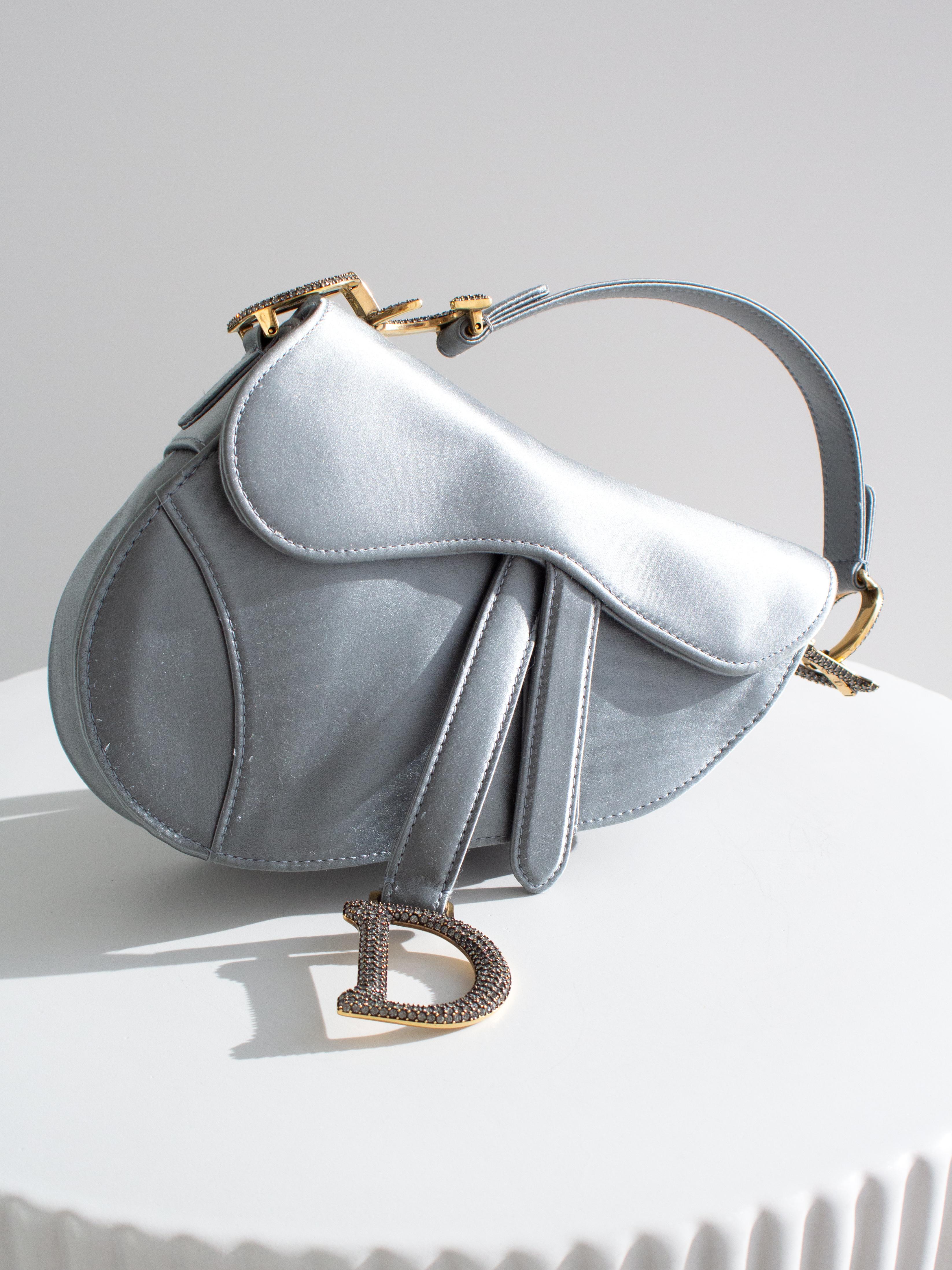 Women's Dior Saddle 2019 Mini Satin Icy Blue Grey Crystal Embellished Bag For Sale