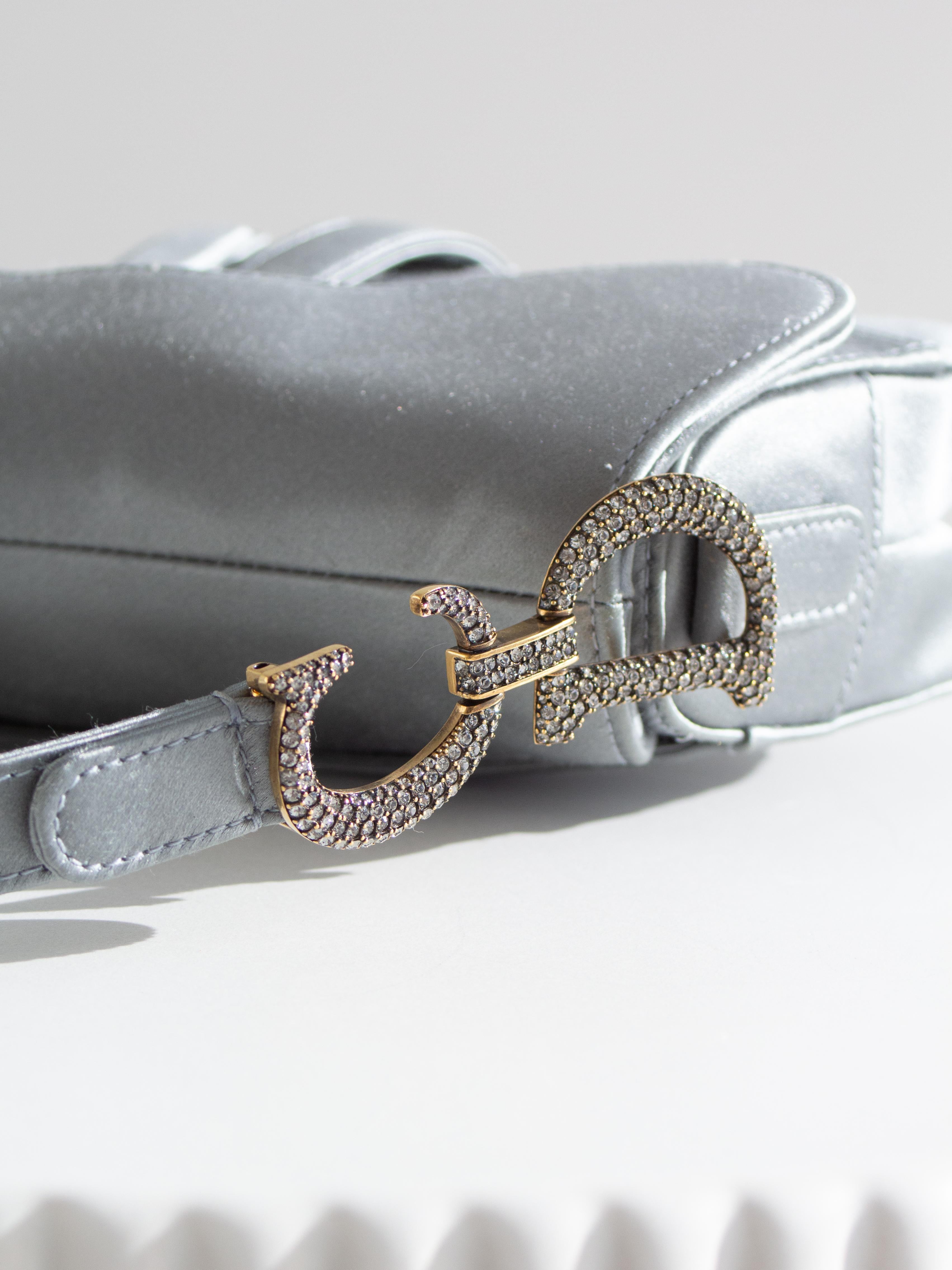 Dior Saddle 2019 Mini Satin Icy Blue Grey Crystal Embellished Bag For Sale 2