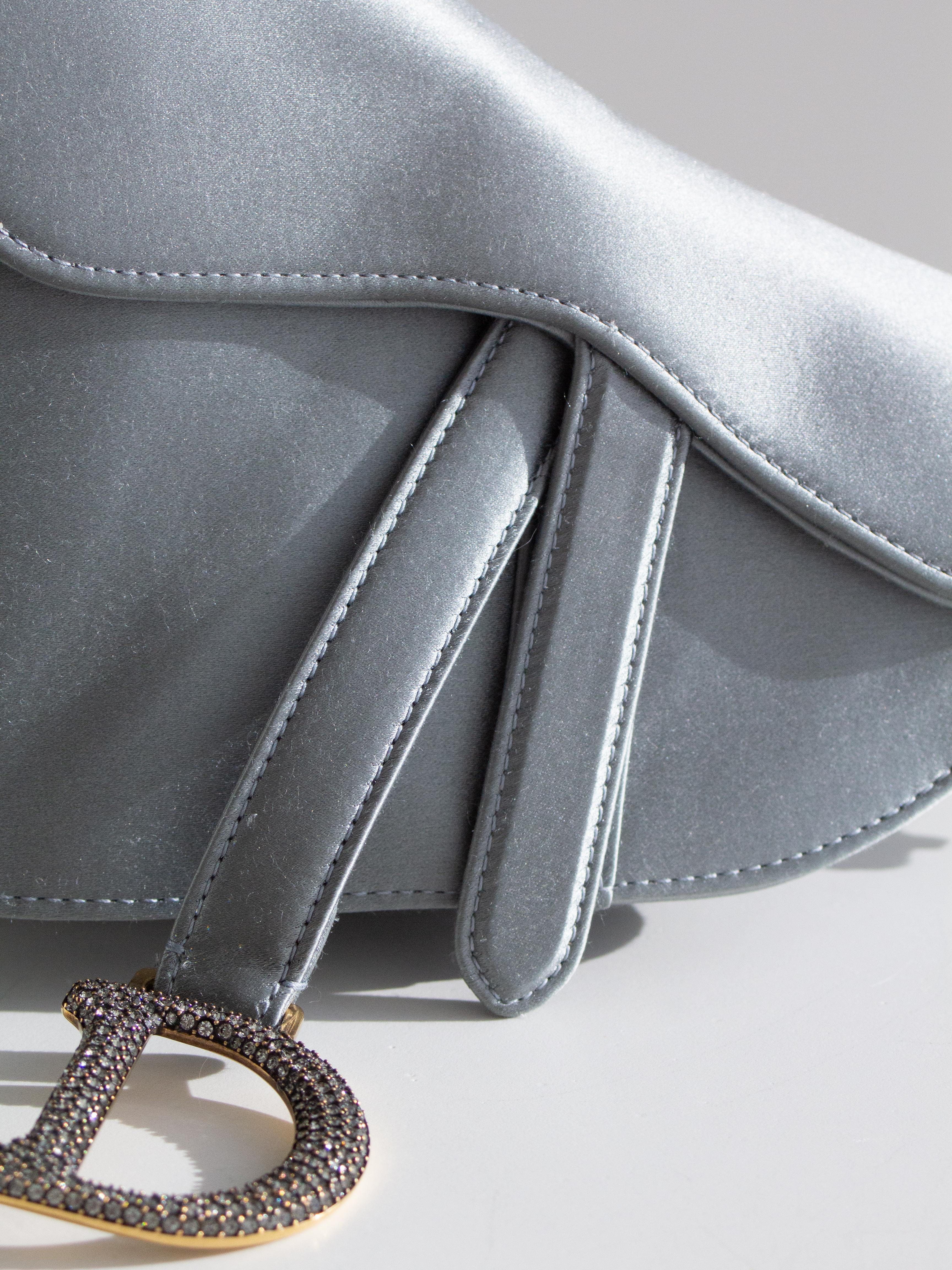 Dior Saddle 2019 Mini Satin Icy Blue Grey Crystal Embellished Bag For Sale 3