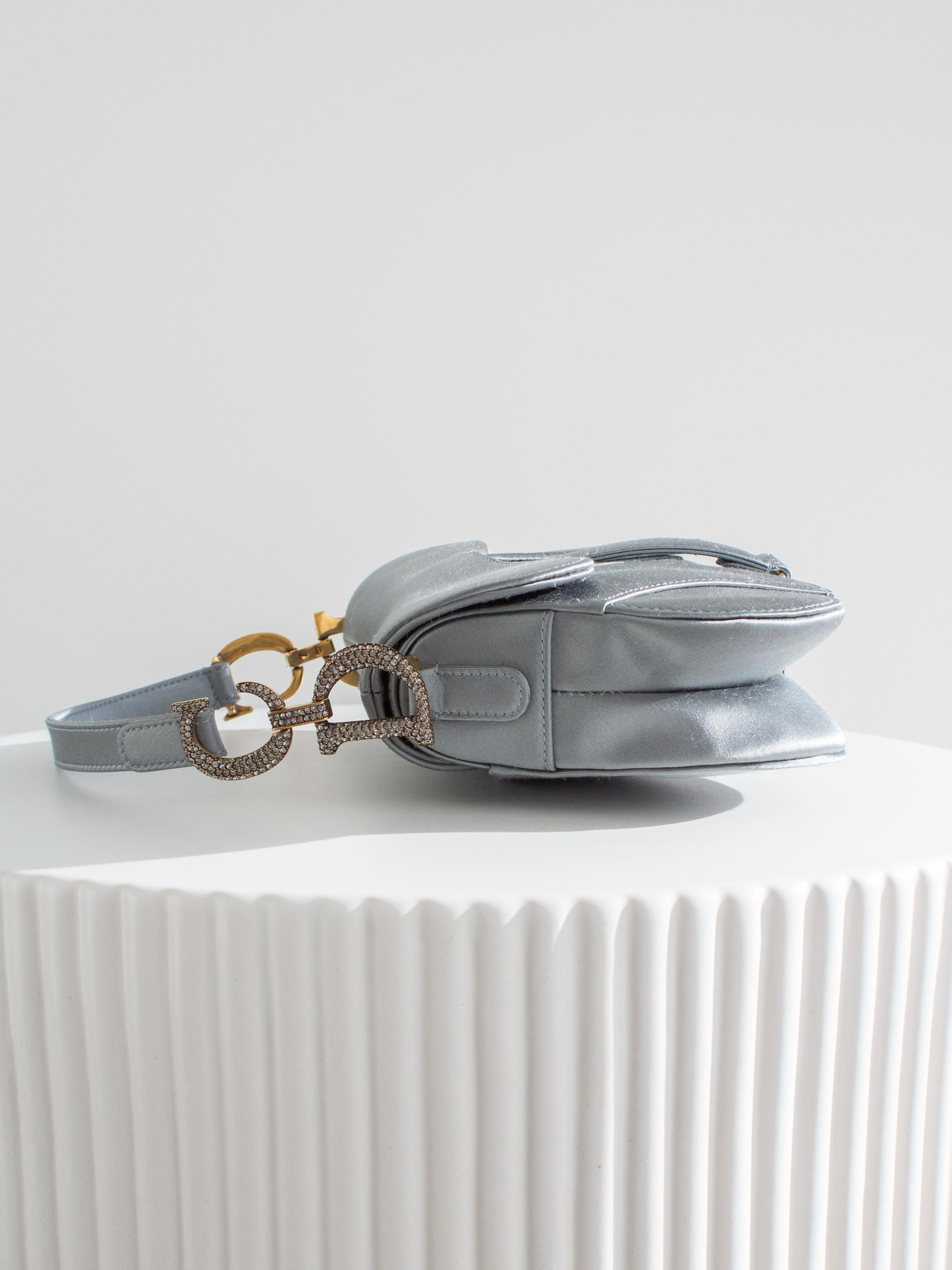 Dior Saddle 2019 Mini Satin Icy Blue Grey Crystal Embellished Bag For Sale 4