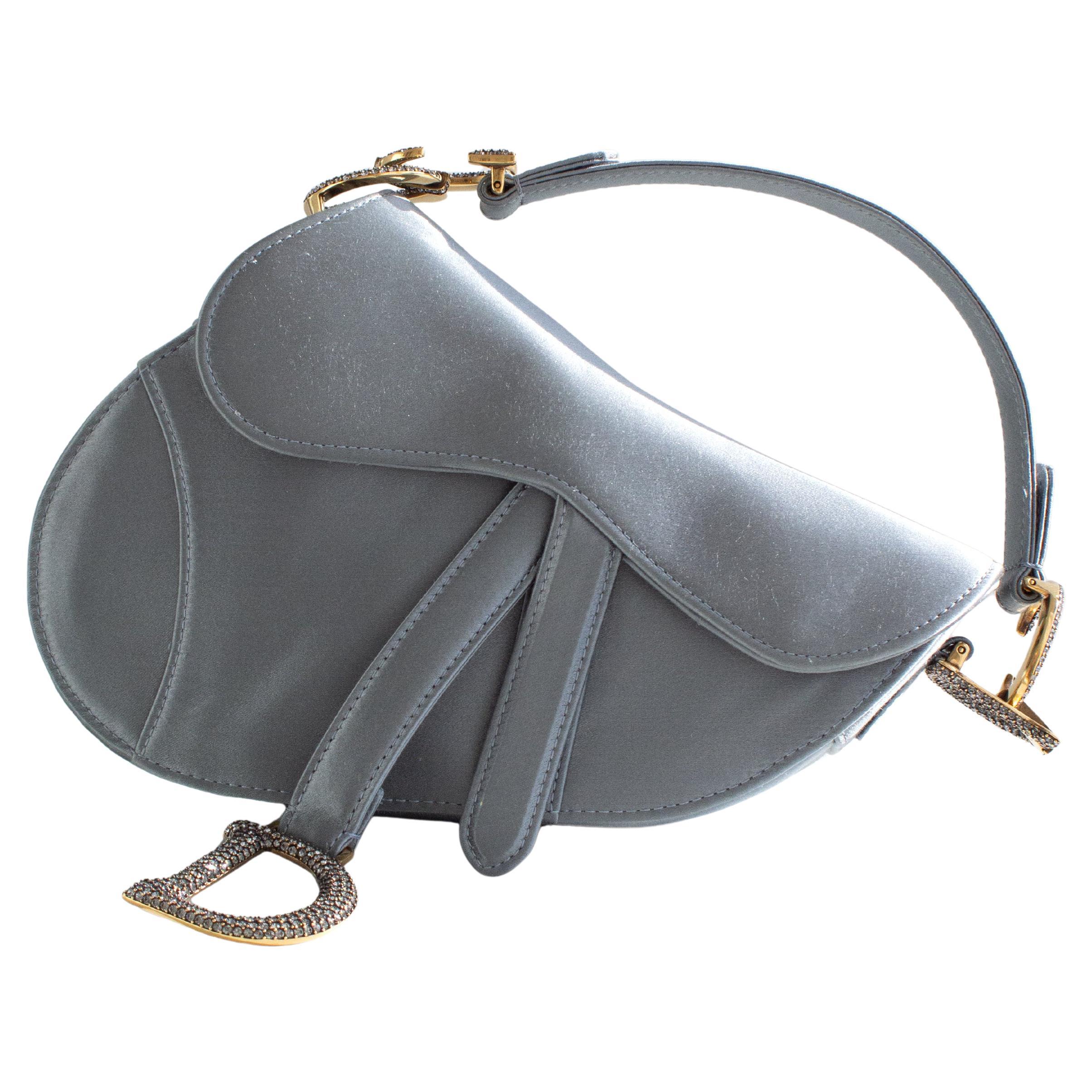 Dior Saddle 2019 Mini Satin Icy Blue Grey Crystal Embellished Bag For Sale