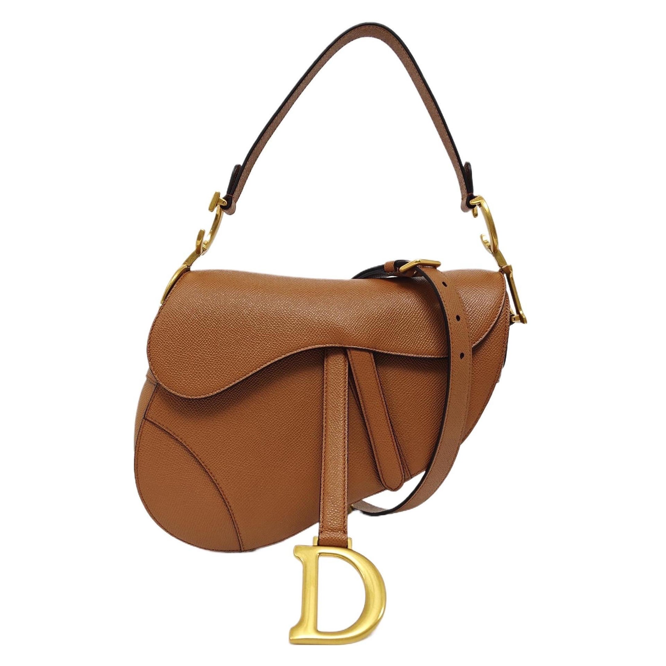 Dior Saddle 2022 Medium Tan Brown Grained Calfskin Leather Bag with Strap